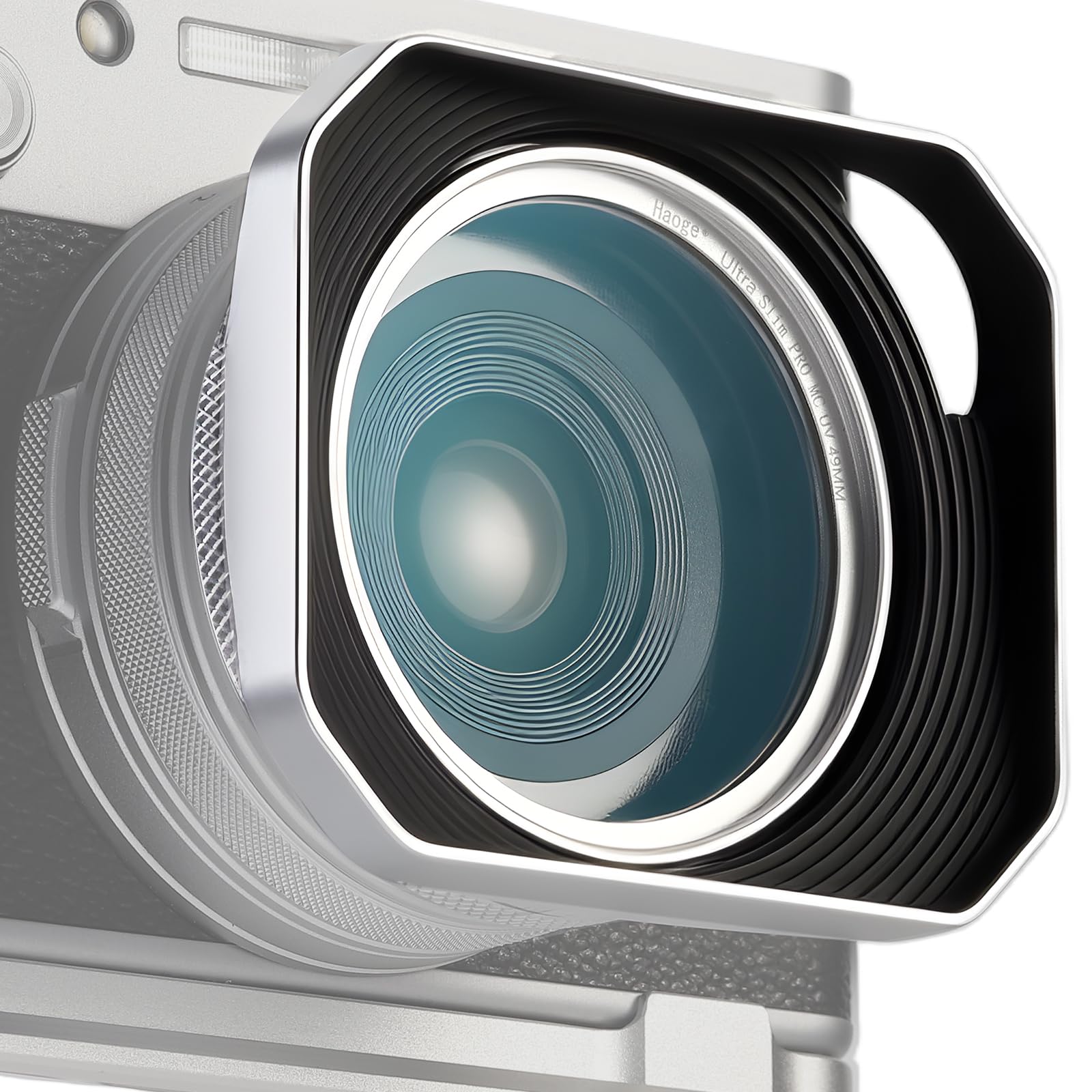 Haoge Square Metal Lens Hood for Fujifilm X100VI X100V X100F X100T X100S X70 Fuji Photo Camera Accessories Silver with 49mm Uv Filter Adapter Ring Hollow Out Designed LH-X1006-PS