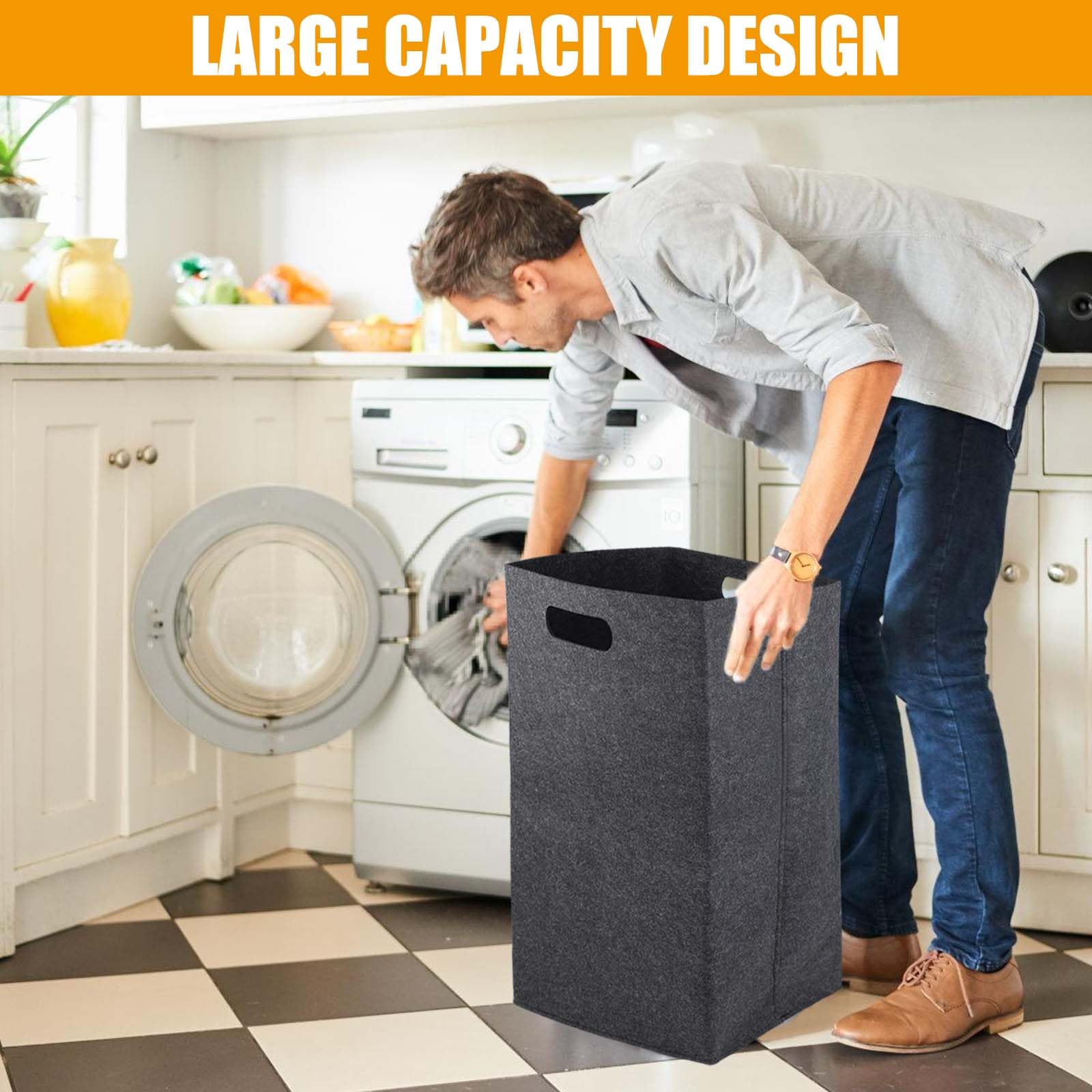 Cesto portabiancheria 60 l, 2 pezzi, in feltro sottile e pieghevole, per camera da letto, bagno, cucina e soggiorno, grande cestino, grigio scuro