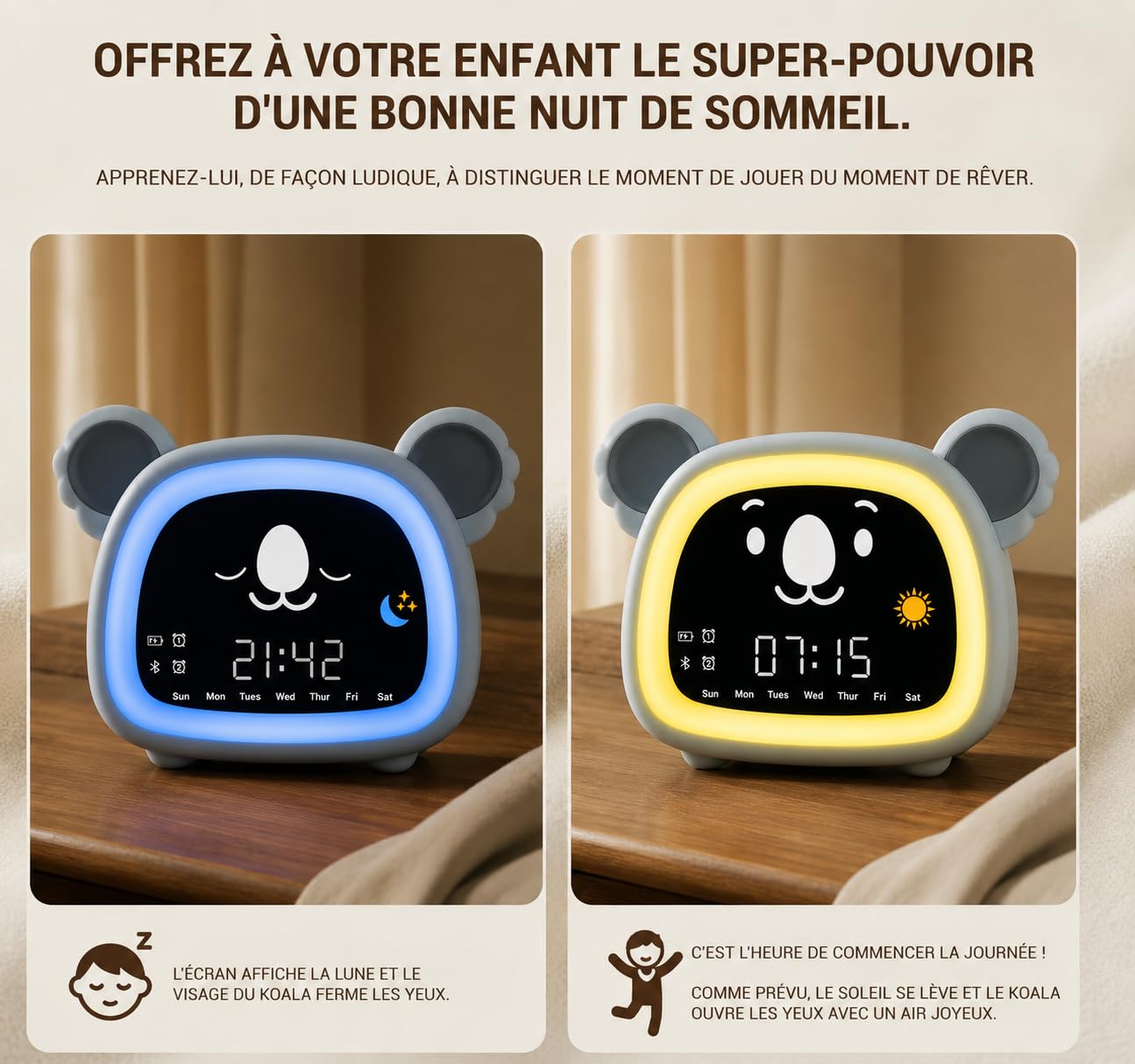 OCTAV - Despertador infantil educativo día/noche, luz nocturna, Bluetooth, aplicación | Musical & Sonido Natural – Luz nocturna LED recargable – Aplicación móvil – Aprendizaje del sueño con sol/luna