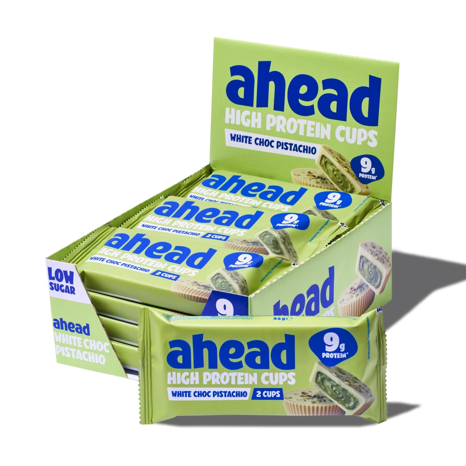 ahead High Protein White Chocolate Pistachio Cups 12 x 34g 9,4g Protein pro Pack Glutenfrei Ohne Zuckerzusatz