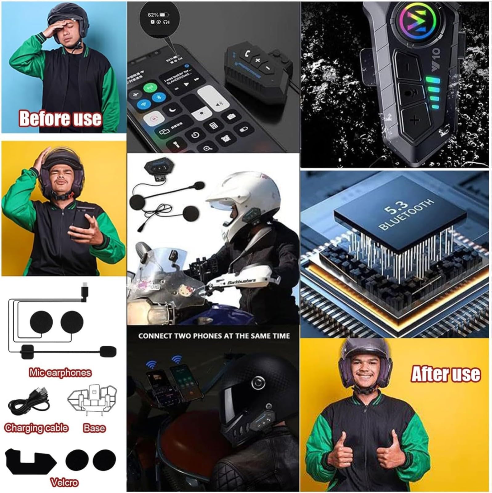 Kask motocyklowy z Bluetooth, kask składany motocyklowy, certyfikowany ECE kask modułowy z podwójnym wizjerem, z wbudowanym mikrofonem do automatycznej reakcji K, M=57~58cm