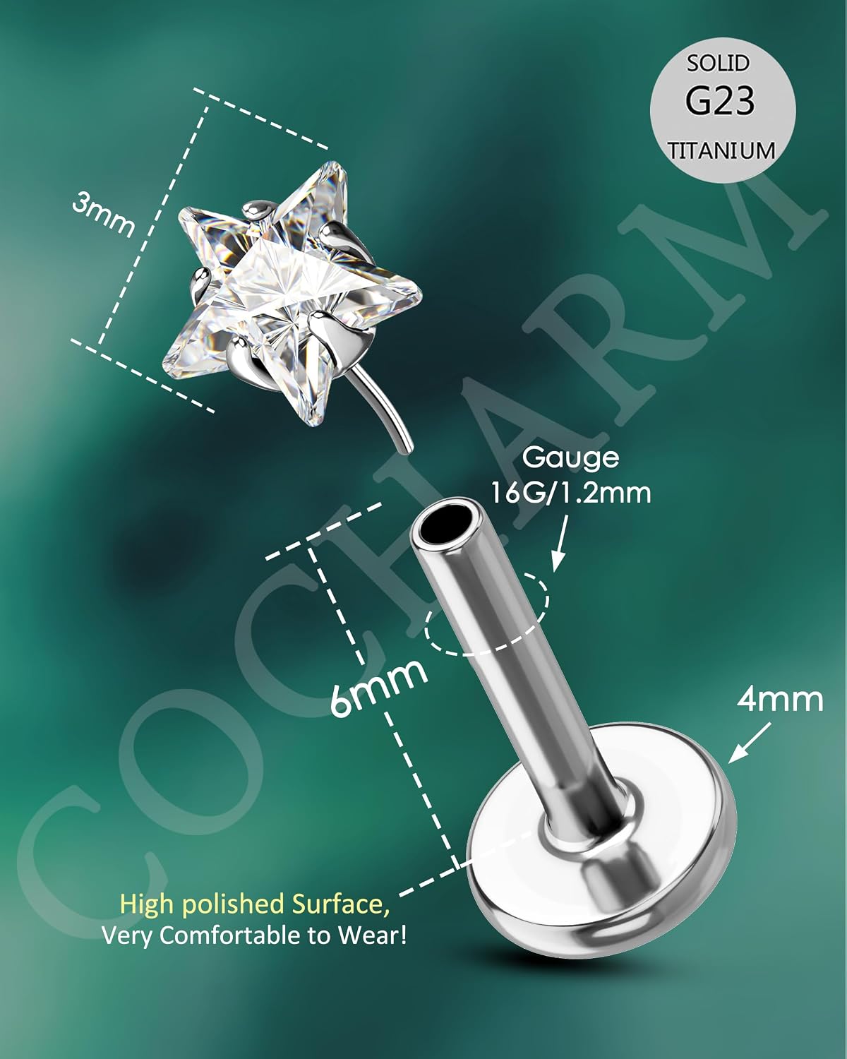 COCHARM Star Helix/Tragus/Cartilage Piercing Jewelry 16G 6mm - Threadless Flat Back Tragus/Cartilage Earring Stud, Push Pin Surgical Steel Lobe Jewelry in Gold & Silver Tone