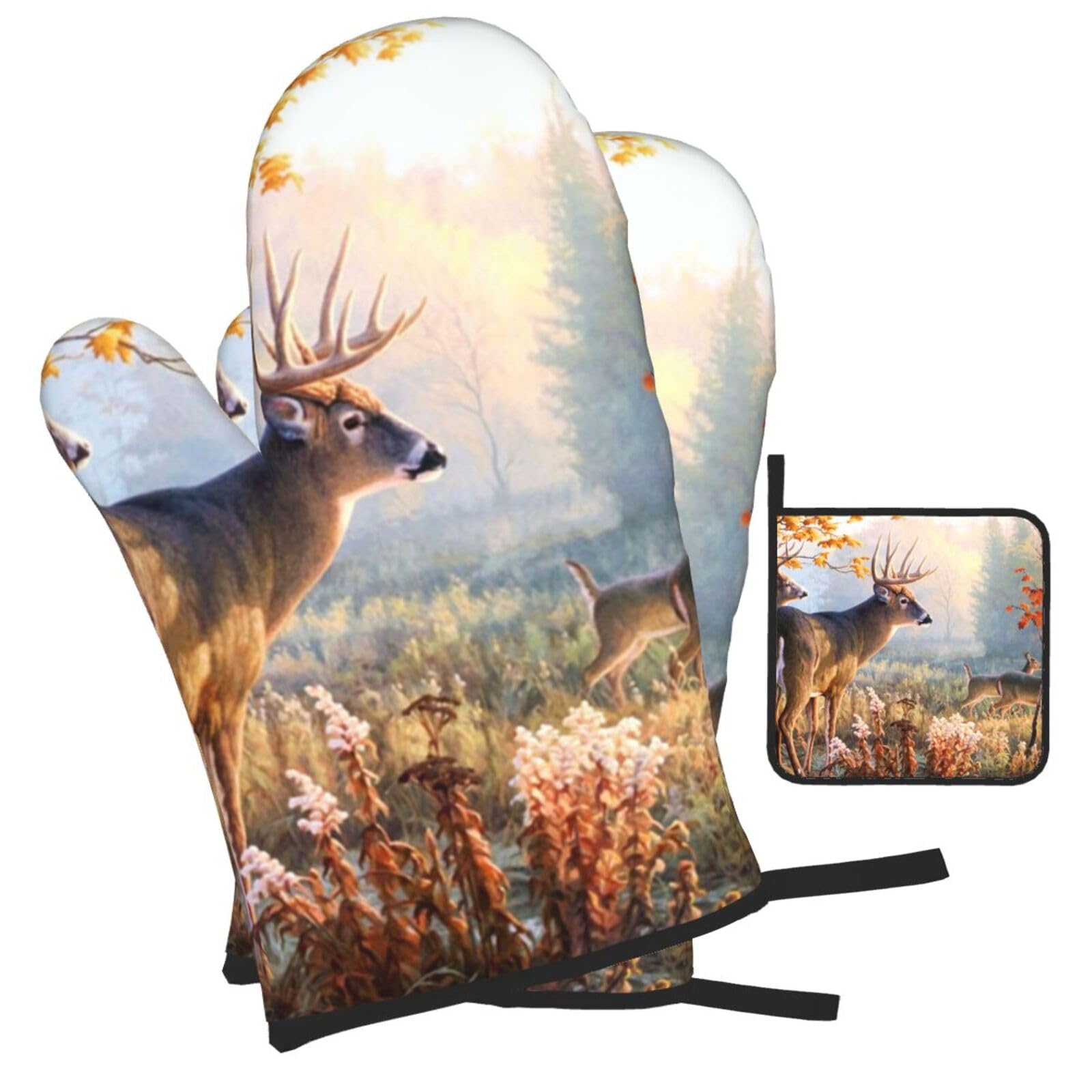 Deer Wildlife Art Printed Oven Mitts and Pot Holders Heat Resistant Set of 3 Pcs, Modern Kitchen Gloves & Potholders for Cooking Baking Grilling