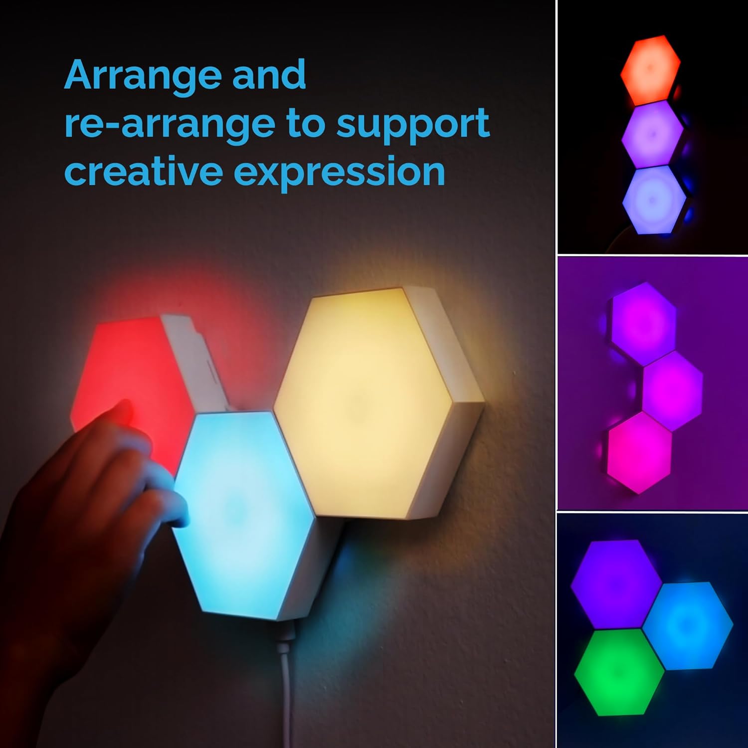 Emberela HEXlights 3-Pack Hexagon Lights, Touch and Remote Controlled RGB Wall Panels - LED Light Panels for Living Room, Bedroom, Game Room Decor - Table Stand Included