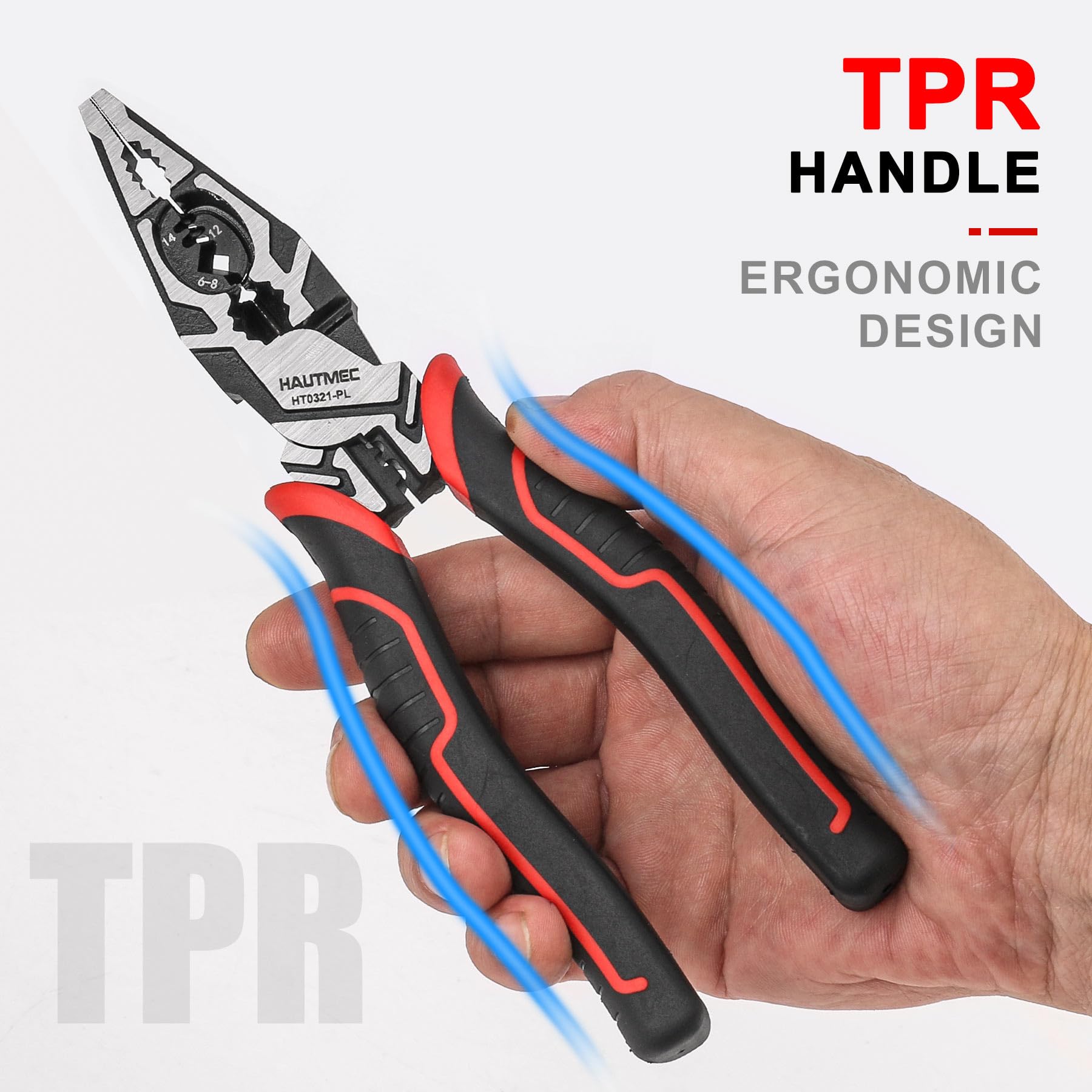 HAUTMEC Pro HT0321 Pince à dénuder multifonctionnelle 20,3 cm Pince coupe-câble Pince à dénuder Outil de sertissage Clé à levier élevé Design excentrique