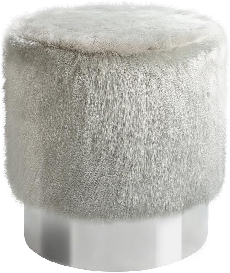 Uptown Club James Collection Modern Round Faux Fur Upholstered Ottoman Stool, White/Silver