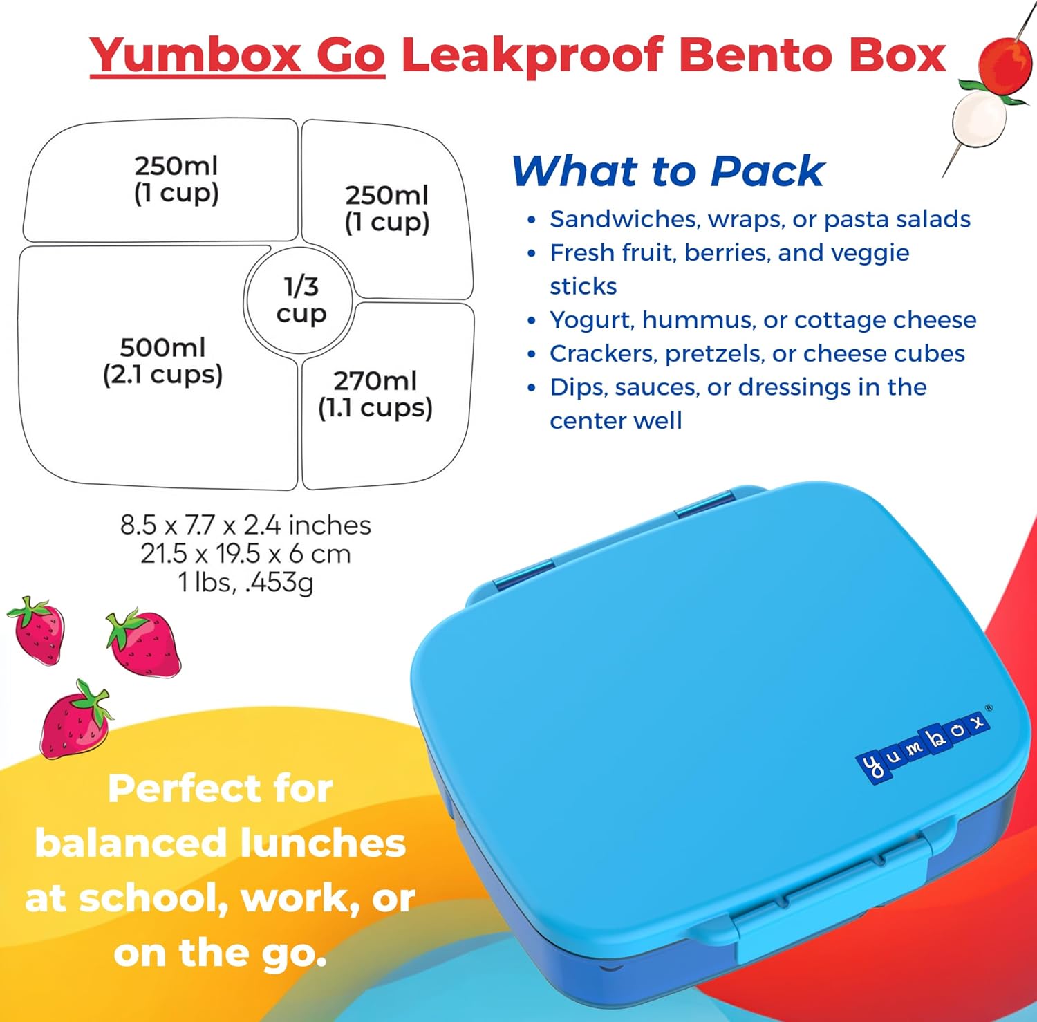 Yumbox Go Bento Lunch Box for Kids and adults, Leakproof Lids, Deep Tray, 5 Compartments, Removable Gasket, Compact, Lightweight, Food Safe (Sydney Pink)
