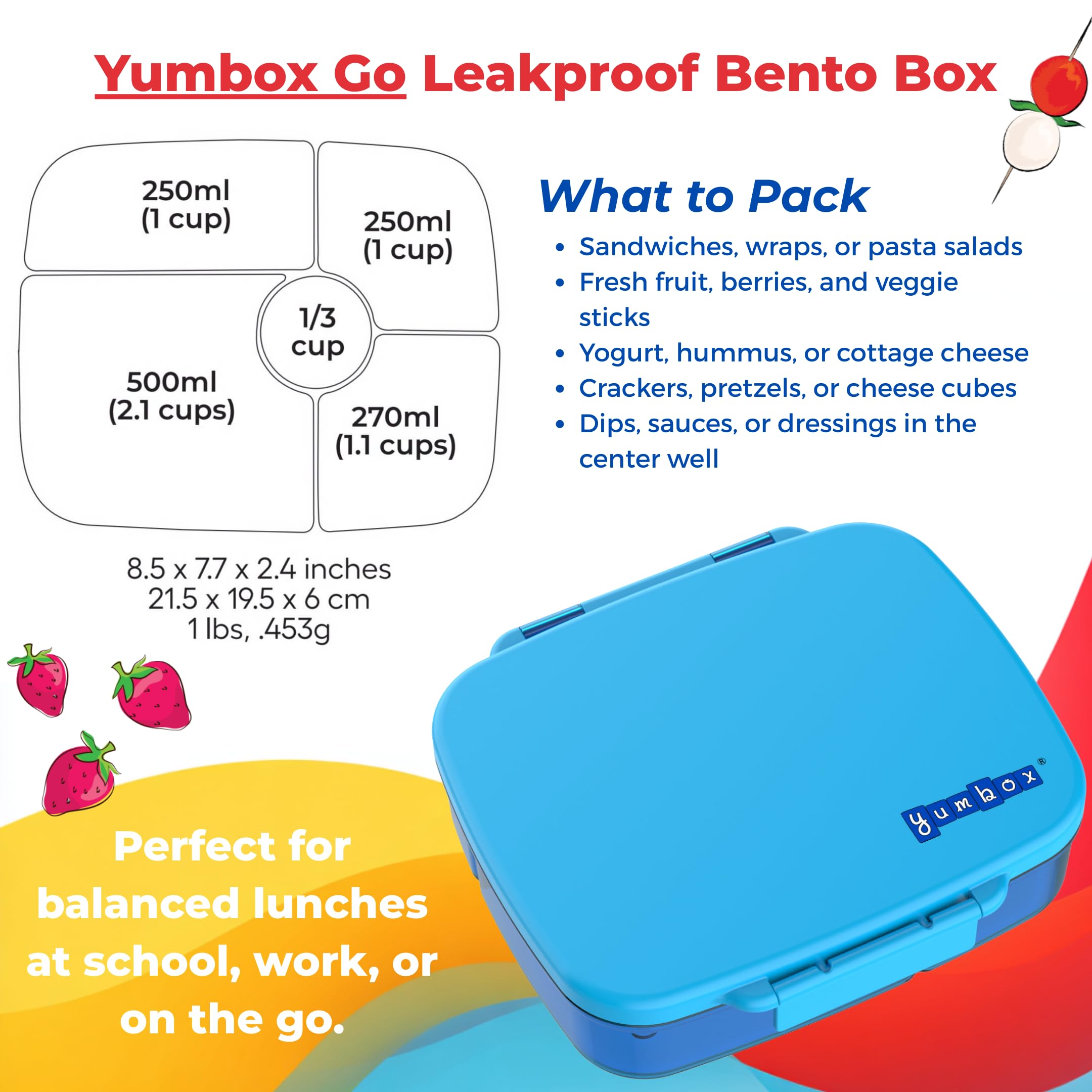 Yumbox Fiambrera Bento Go para niños y adultos, tapas a prueba de fugas, bandeja profunda, 5 compartimentos, junta extraíble, compacta, ligera, apta para alimentos (morado Kioto).
