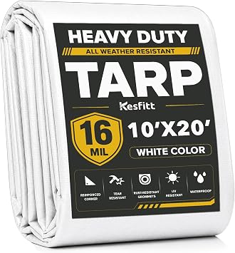 Kesfitt 16 Mil Heavy Duty Waterproof Tarp, 10x20 FT, White