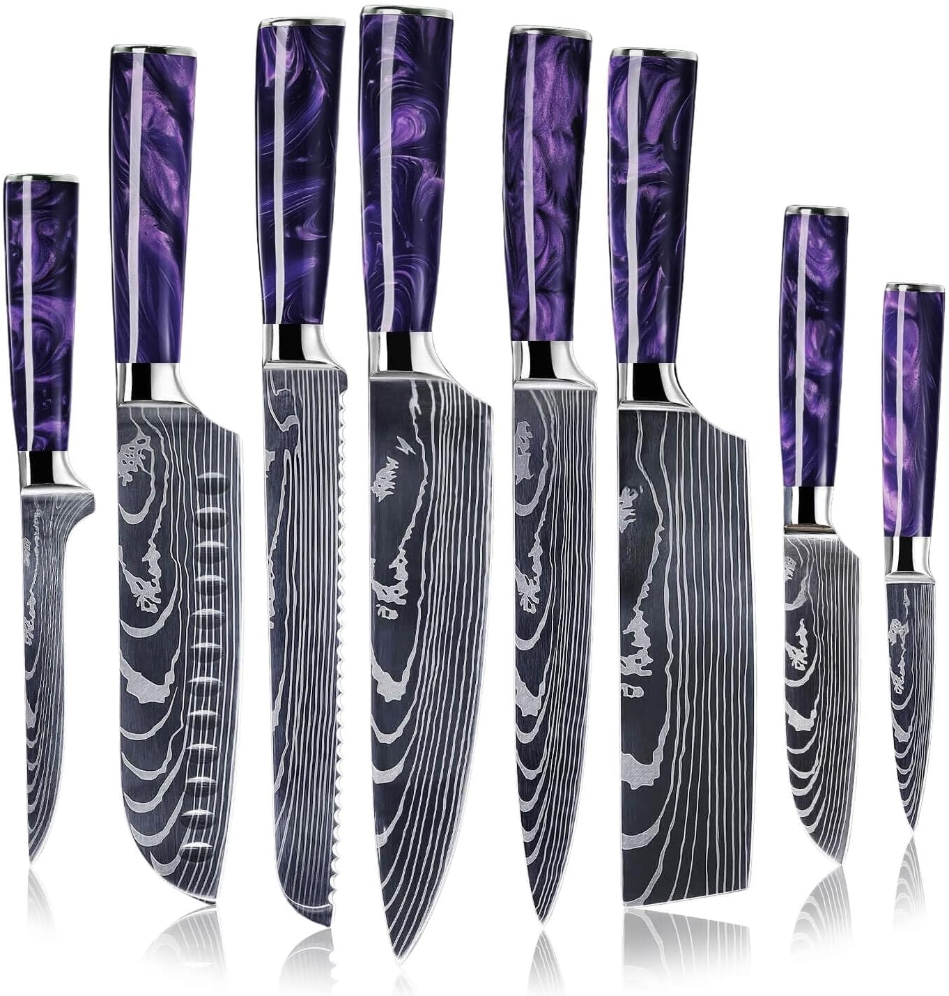 Senken Amethyst 8-Piece Japanese Knife Set - Damascus Pattern, Purple Resin Handles, High-Carbon Steel Chef's, Santoku, Cleaver & More