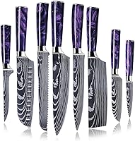 Senken Amethyst 8-Piece Japanese Knife Set - Damascus Pattern, Purple Resin Handles, High-Carbon Steel Chef's, Santoku, Cleaver & More