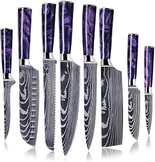 Senken Amethyst 8-Piece Japanese Knife Set - Damascus Pattern, Purple Resin Handles, High-Carbon Steel Chef's, Santoku, Cleaver & More