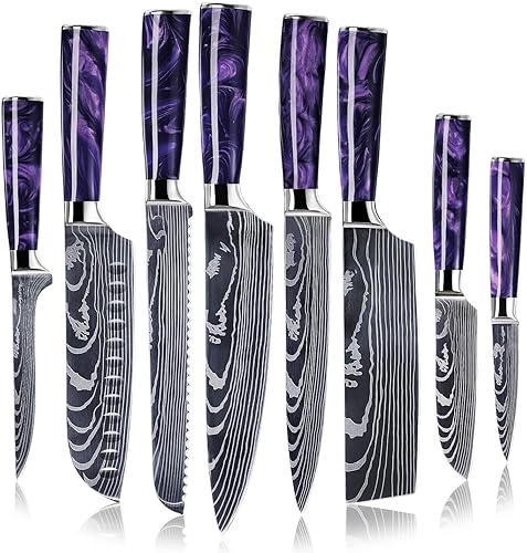 SENKEN - Juego de cuchillos japoneses de 8 piezas con mango de resina púrpura y patrón láser de damasco, colección amatista, cuchillo de chef,