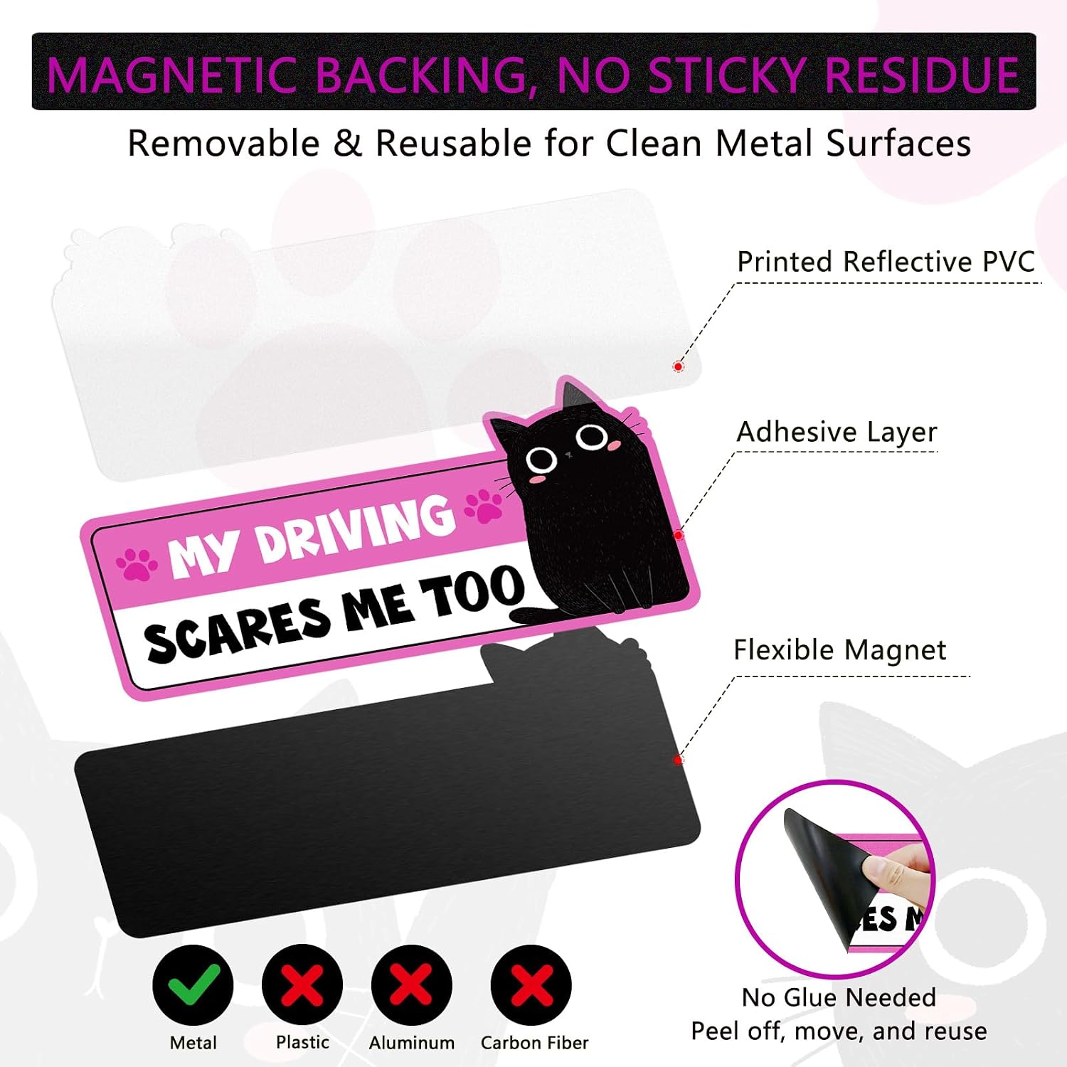 3Pcs Black Cat New Driver Magnet for Car, Reflective Please Be Patient Student Driver Magnet, Reusable Movable Stickers, Aesthetic Pink & Black Safety Warning Sign for Teen Girls Boys image 5