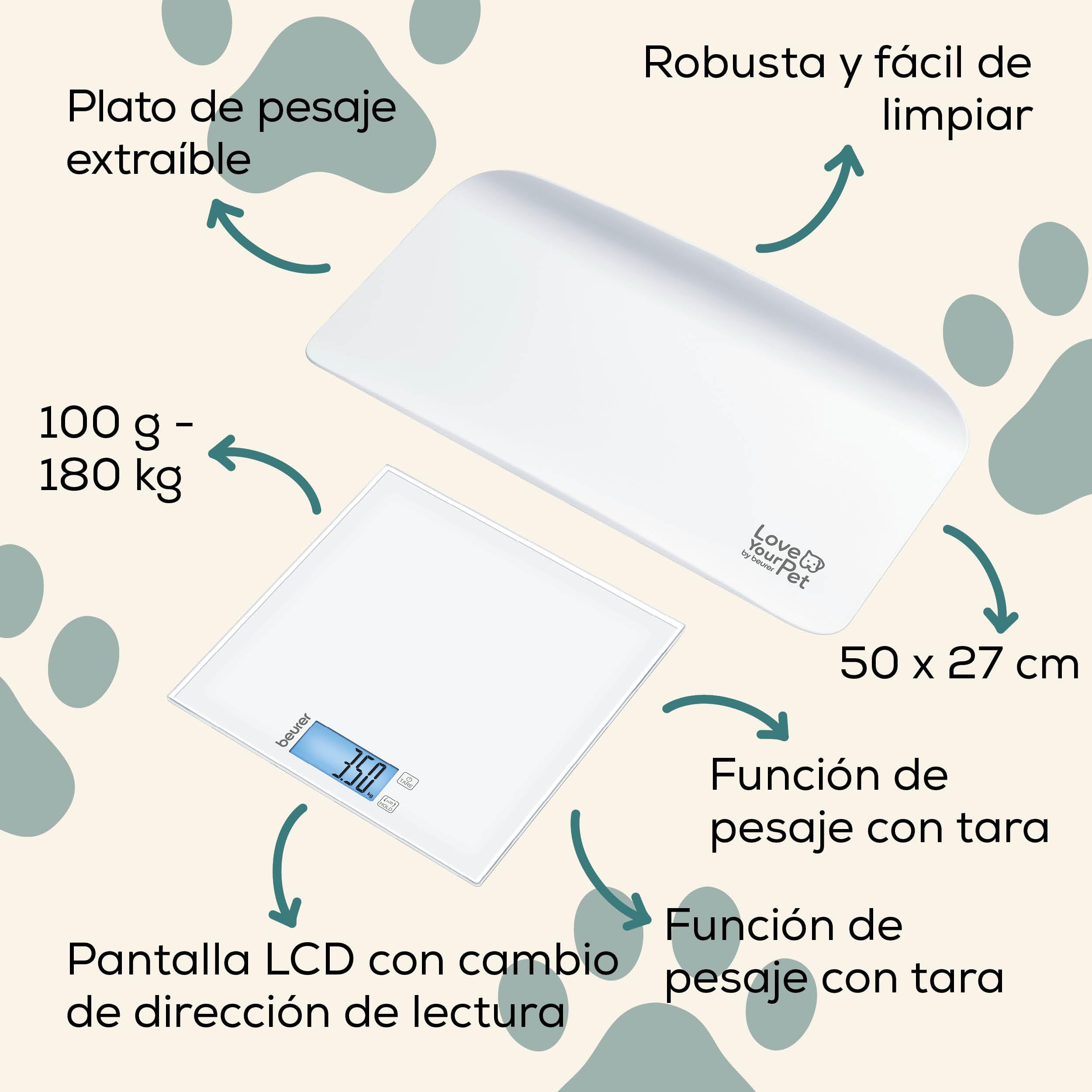 Beurer Love Your Pet Báscula «Polly» para mascotas y personas, báscula para mascotas con plato de pesaje extraíble, báscula para cachorros a partir de 100 g, con función Hold, 180 kg