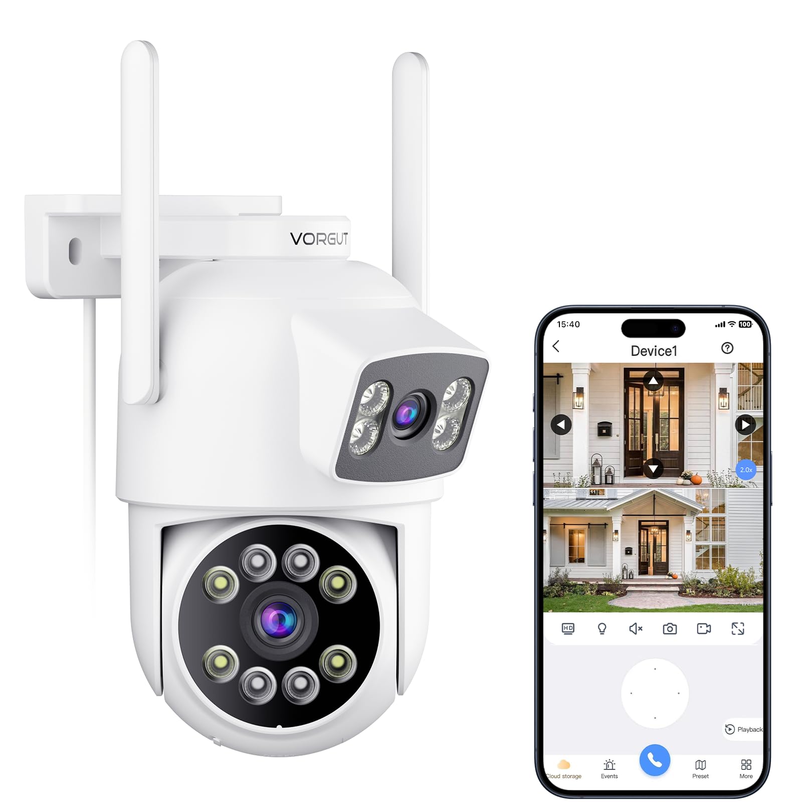 VORGUT Security Camera Outdoor Wireless, Dual Lens 2K (3MP+3MP) 355° PTZ Home Security WiFi Camera Outside Surveillance Indoor, 2.4G WiFi, PIR Human