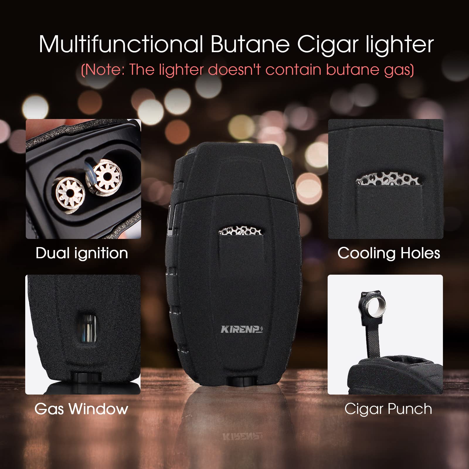 Dual Jet Flame Cigar Lighter With Built-In Punch & Holder - Windproof Butane Lighter In Gift Box
