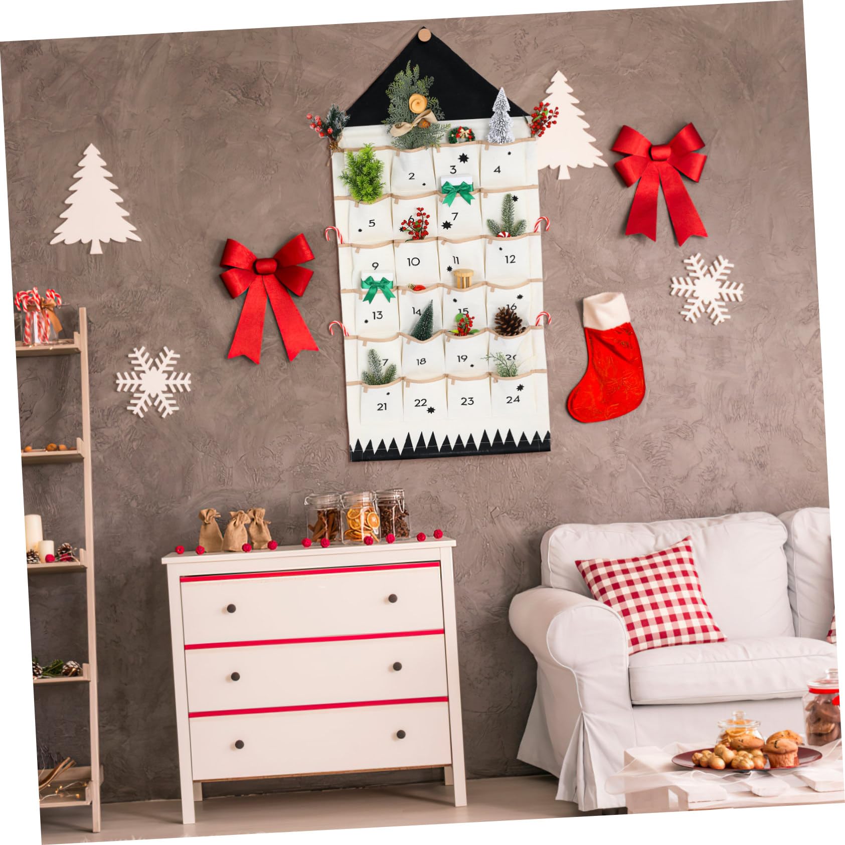 Weihnachtlicher Adventskalender Wandbeutel Fächer Baumwolle Mehrzweck Aufbewahrungstasche zum Hängen für Tür Wand Fenster Dekoration und Organisation