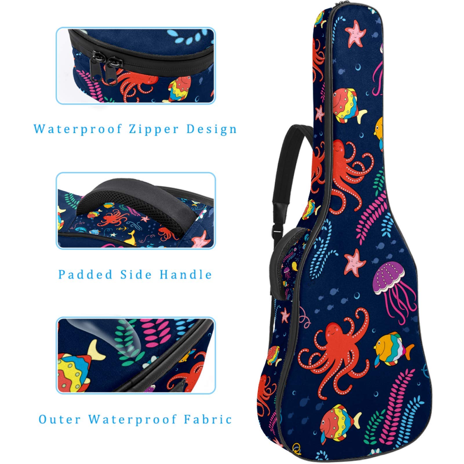 Gitarrentasche mit Reißverschluss, wasserdicht, weich, für Bassgitarre, Akustik- und klassische Folk-Gitarre, Ocean Life Qualle, Octopus Seetang, Marineblau