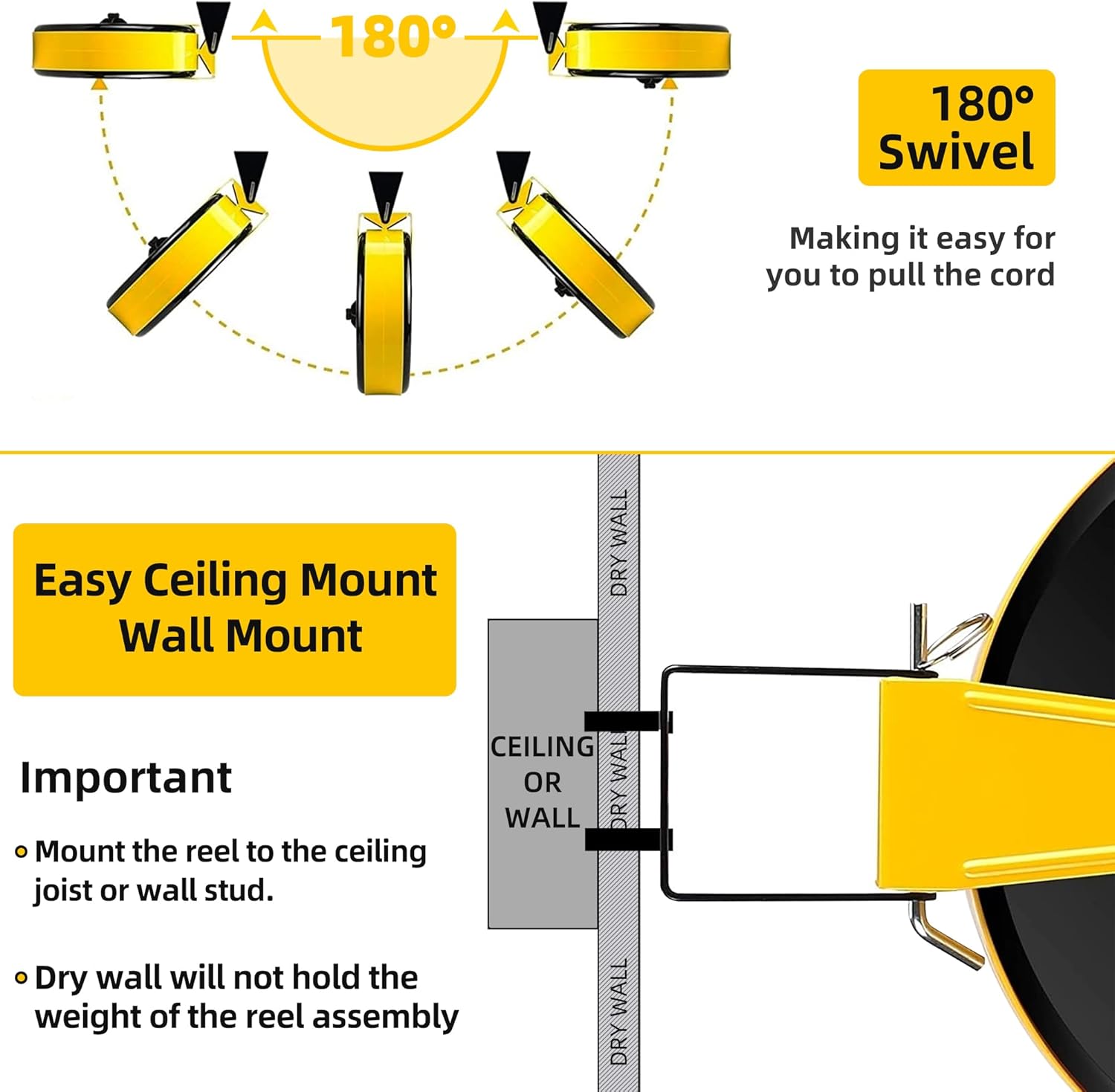 YOJOE 30 Ft Retractable Extension Cord Reel, 16/3 SJTW Power Cord with 3 Electrical Outlets and 10 Amp Circuit Breaker, Ceiling or Wall Mount, Adjustable Stopper,Yellow