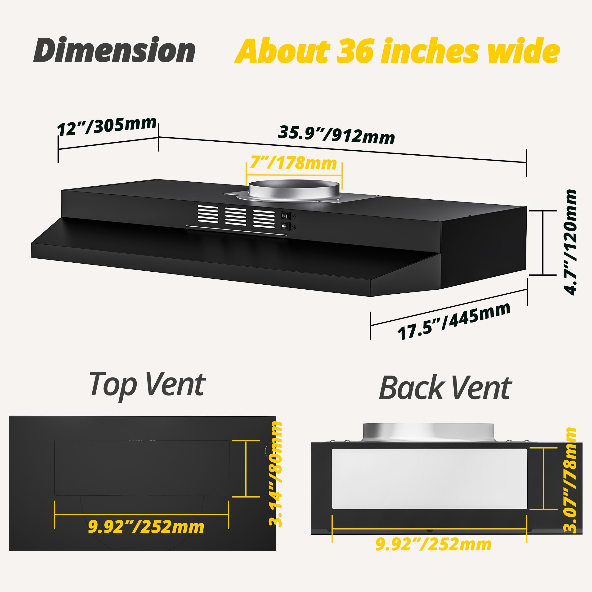 Campana extractora negra de 36 pulgadas para debajo del gabinete, campana de cocina convertible sin conductos/conductos, campana de ventilación de acero inoxidable pintado negro con luz LED, 6