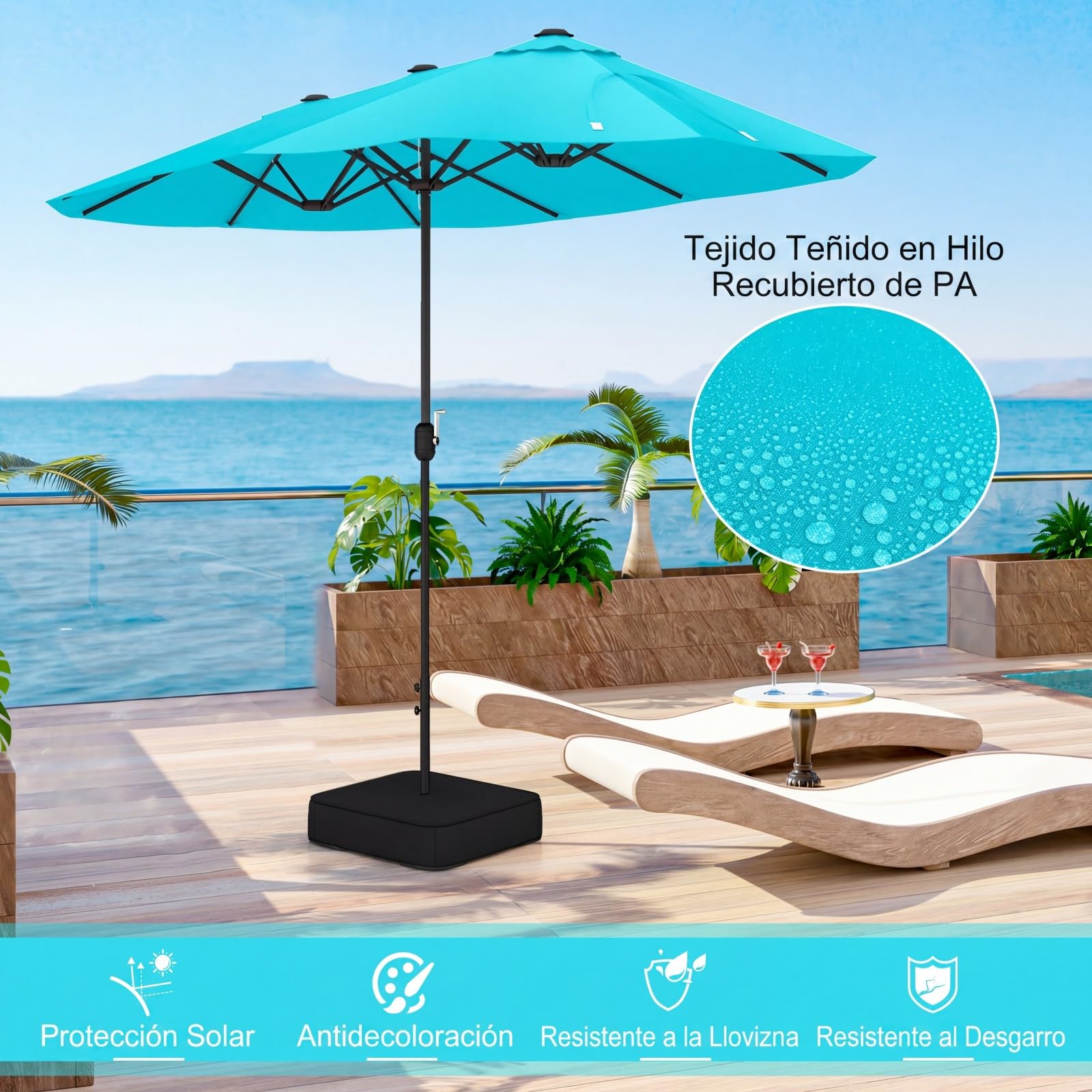 GOPLUS 4x2m Sombrilla Doble Terraza Exterior con Base, Parasols Jardin Grandes con 12 Varillas, Manivela, Protección Solar, Sombrilla Rectangular para Terraza, Piscina, Playa(Turquesa, 4x2 m)