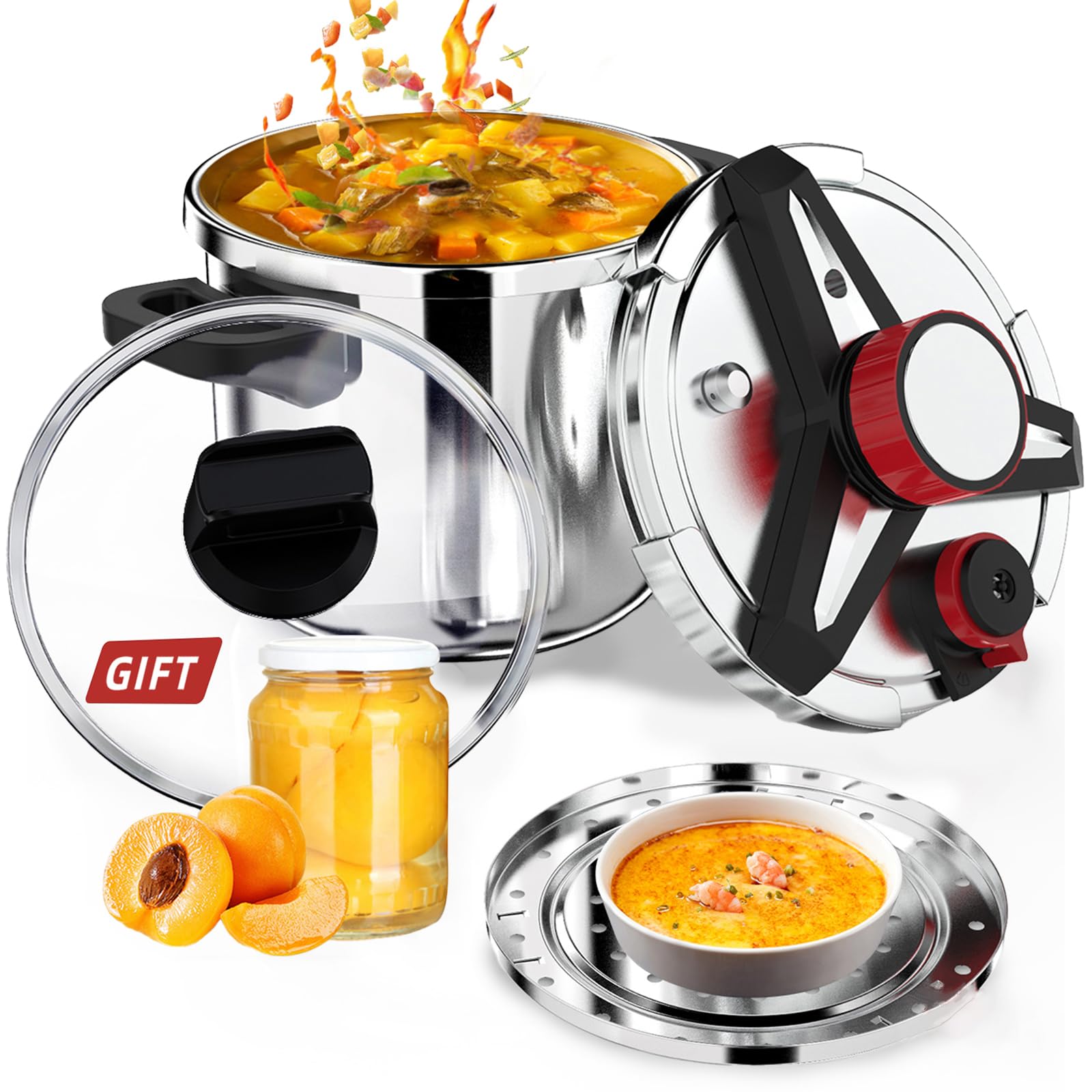18/8 Stainless Steel Pressure Cooker 10 Quart, [One-Hand Locking] Olla de Presion, [3-In-1] Pressure Cooker, Induction Compatible, Gas Stovetop Compatible,Includes Glass Lid & Steamer Rack