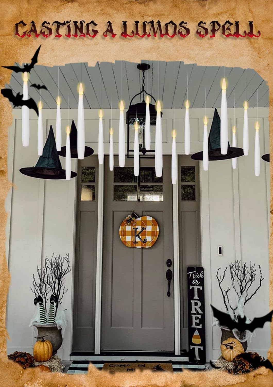 22 PCs Floating Candles with Wand Remote, Halloween Decorations Floating LED Taper Candles, Flickering Flameless Hanging Window Candles, 6.1" Magical Electric White Battery Operated