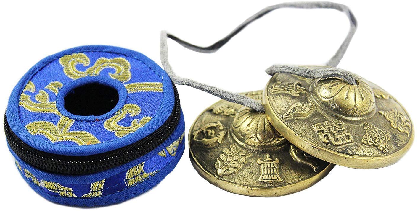 Campana de meditación tibetana Tingsha de 6,6 cm, 8 símbolos auspiciosos bellamente grabados en las superficies, afinada y fabricada a mano en Nepal