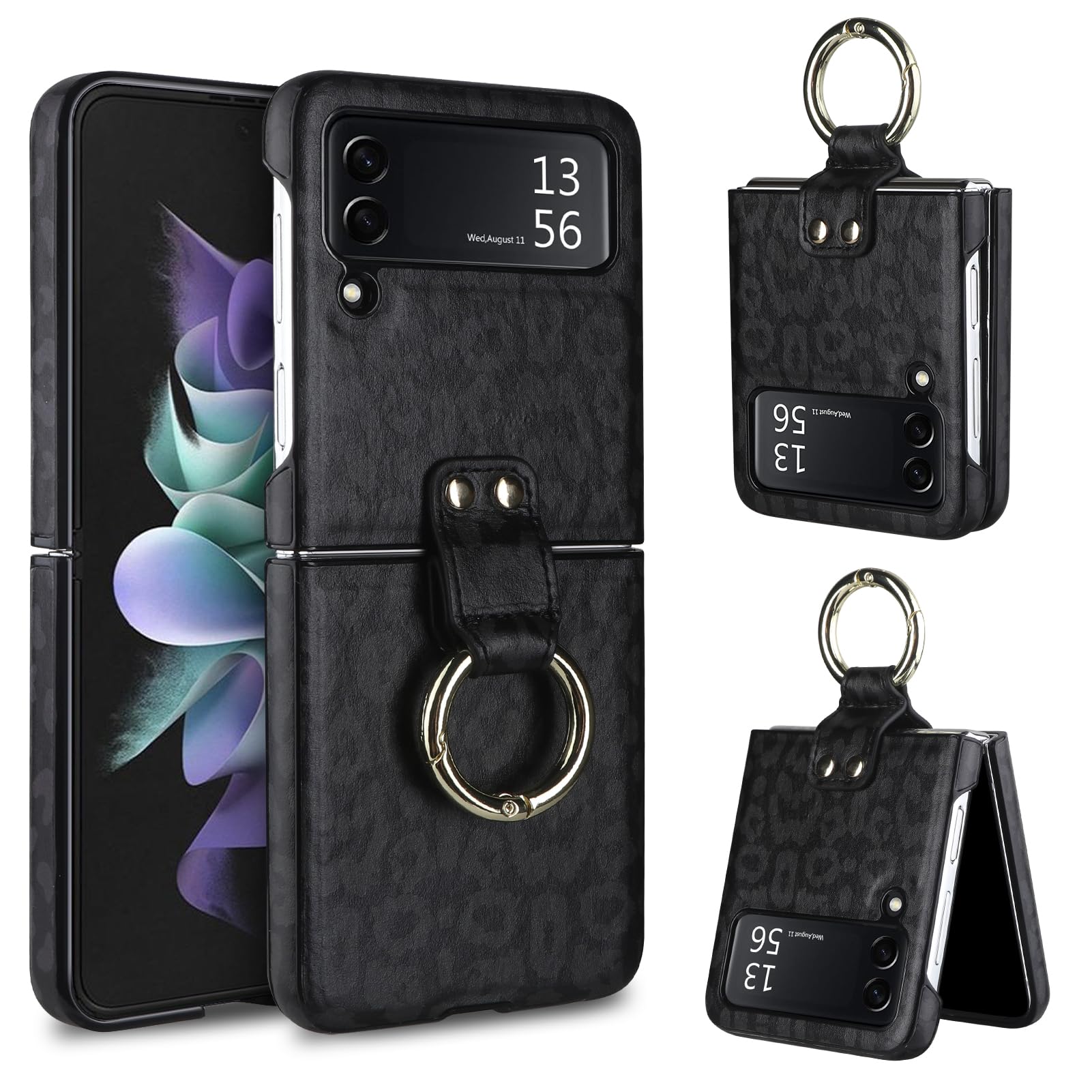 Vofolen for Samsung Galaxy Z Flip 3 Case with Ring [Hard PC+Soft PU Leather] Full Body Anti-Scratch Shockproof Protective Slim Flip 3 Phone Case for