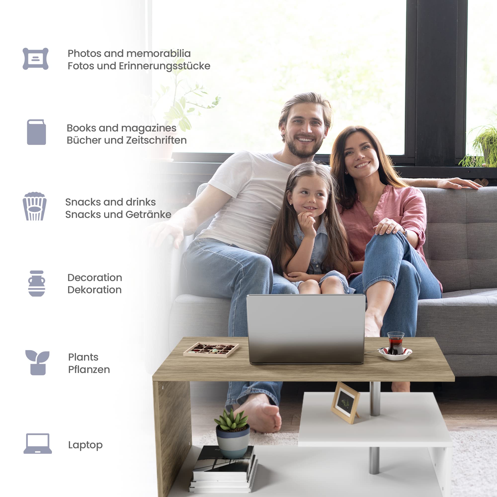 MIADOMODO® Couchtisch-90x50 cm, mit Stauraum, Modern, Eckig, Asymmetrisch, Leicht, Lang, Niedrig, Weiß mit Betonoptik/Eichenoptik/Grau - Wohnzimmertisch, Kaffeetisch (Weiß-Eicheimitat)
