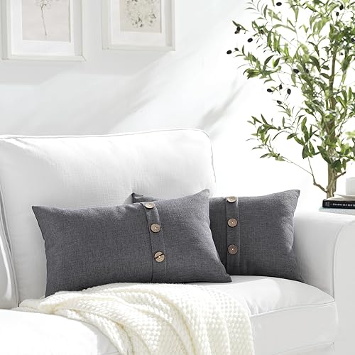 Miniatura 8 de Juego de 2 fundas de almohada color camello jaspeado de 18 x 18 pulgadas, fundas de almohada rurales con botones de coco para sofá, sala de estar y