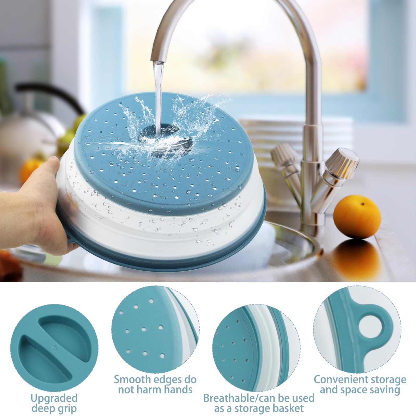 2 coperture per microonde pieghevoli, 26,5 cm, paraspruzzi con gancio e filtro di ventilazione, resistenti al calore, salvaspazio, per microonde, frutta, verdura (verde + blu), senza BPA