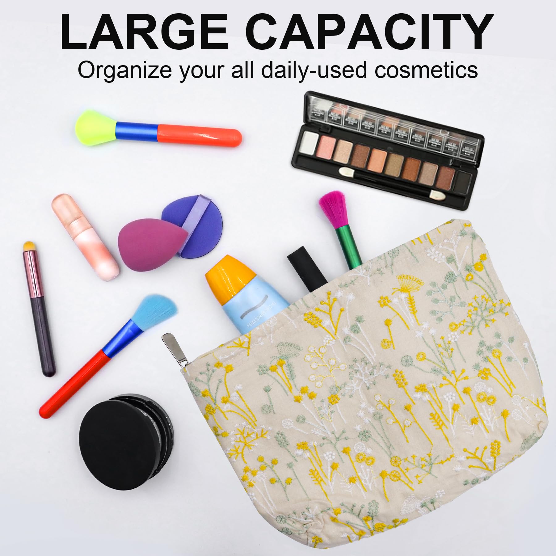 Huyerdo Makeup Bag, Floral Cosmetic Bag, Large Capacity Aesthetic Makeup Bag with Zipper, Travel Toiletry Bag for Women Girls (Silk Flower)