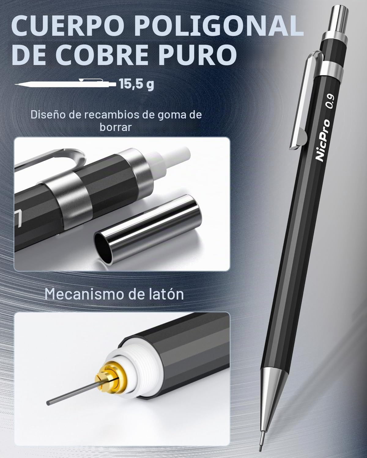 Nicpro 34 portaminas de arte negros, lápiz de dibujo de metal de 0,3, 0,5, 0,7, 0,9 mm y 2 portaminas de 2 mm (6B, 4B, 2B, HB, 2H, 4H) para dibujar bocetos, 19 tubos de repuesto para minas