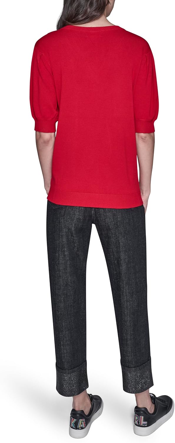 Karl Lagerfeld Womens Short Sleeve V-Neck Crystal Button Sweater - Image 4
