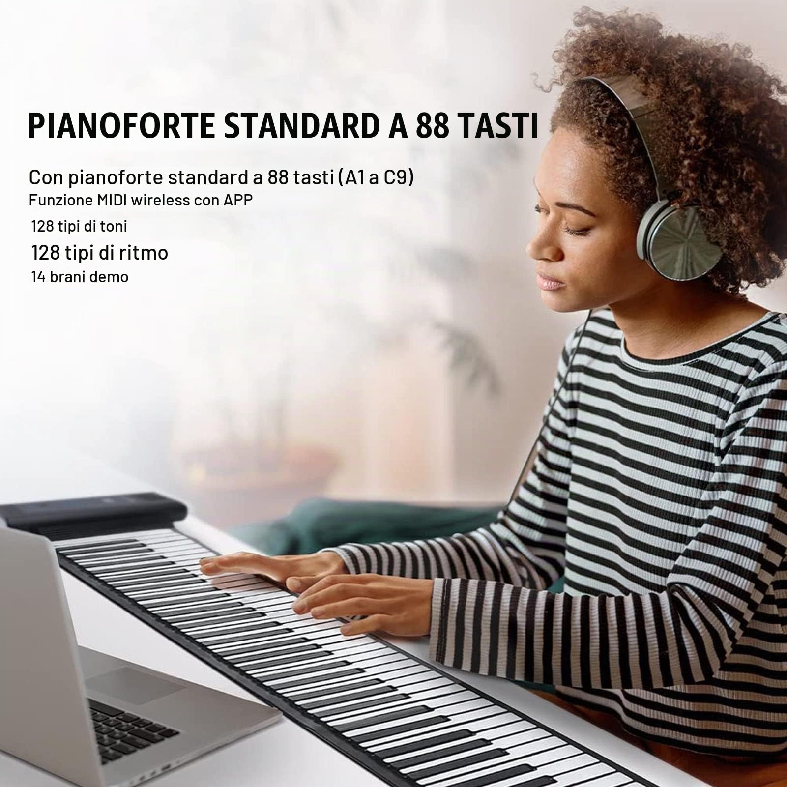 Tastiera per Pianoforte Arrotolabile a 88 Tasti, 28 Toni, 128 Ritmi, 14 Brani Dimostrativi, Display a Tubo Digitale a LED con Funzione MIDI Bluetooth, Piano Elettrico Portatile Pieghevole per(Nero)