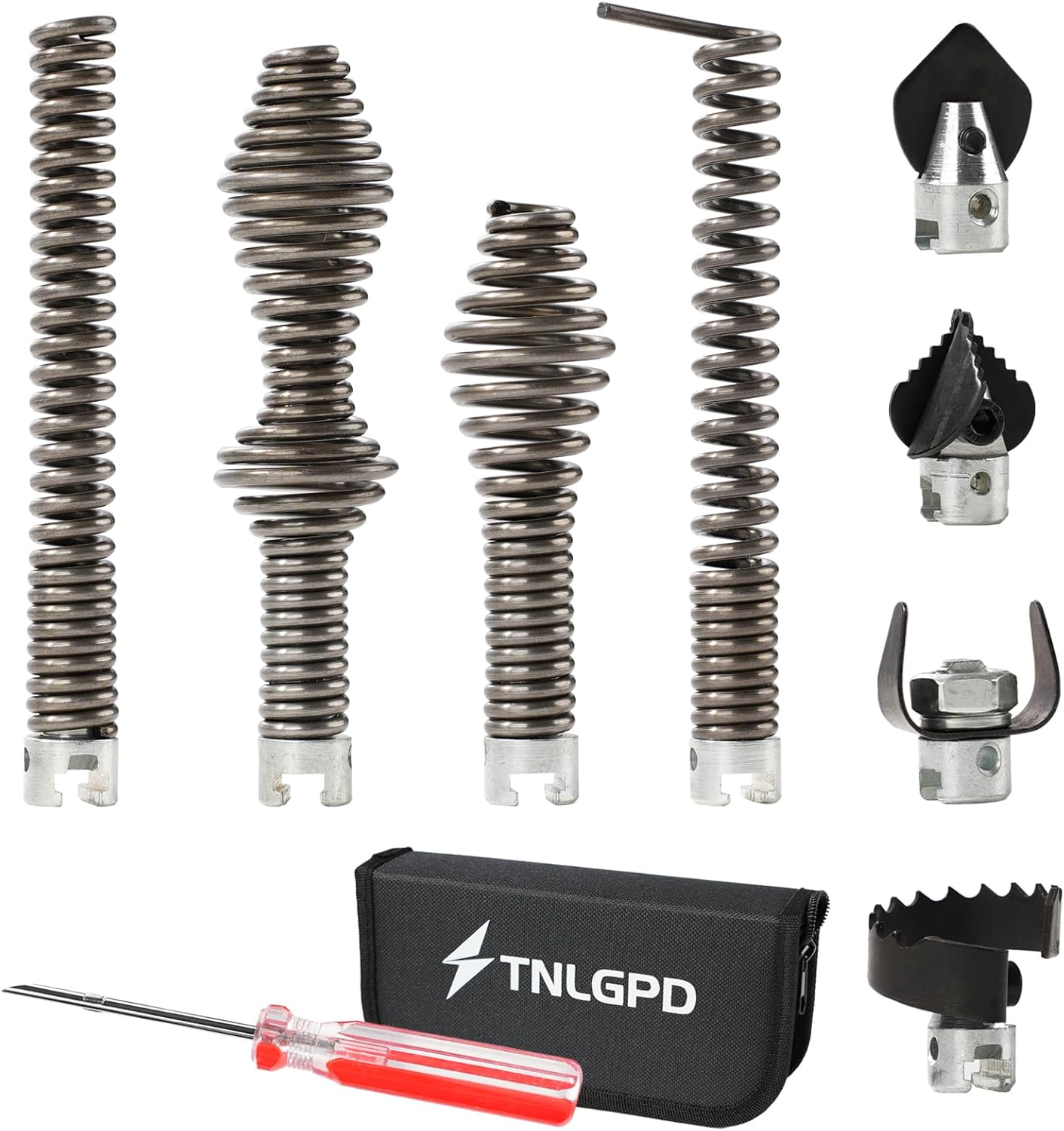 Drain Snake Attachment Kit - 9-Piece Heavy-Duty Set with Cutters, Spirals, Augers & Snake Heads, Compatible with Ridgid K-400, C-4, C-6, C-7, C-8, C-9 Models,Drain Cleaner Accessories with Tool Bag