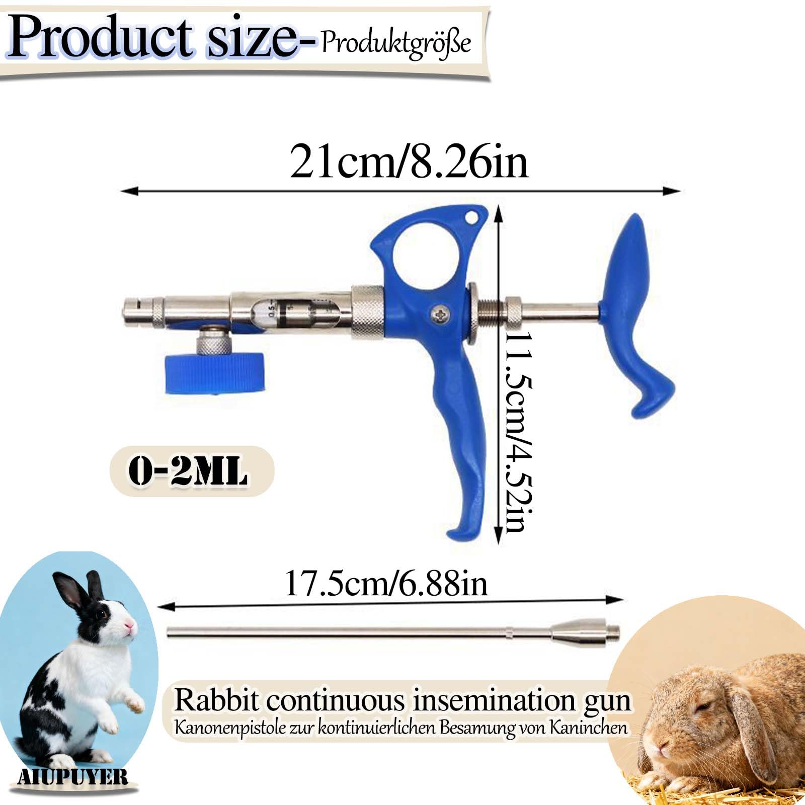 Pistola per inseminazione artificiale per conigli, iniezione continua rapida e precisa, acciaio inossidabile, regolabile da 0,1 a 2 ml Attrezzatura per l'allevamento di conigli da carne e conigli Rex