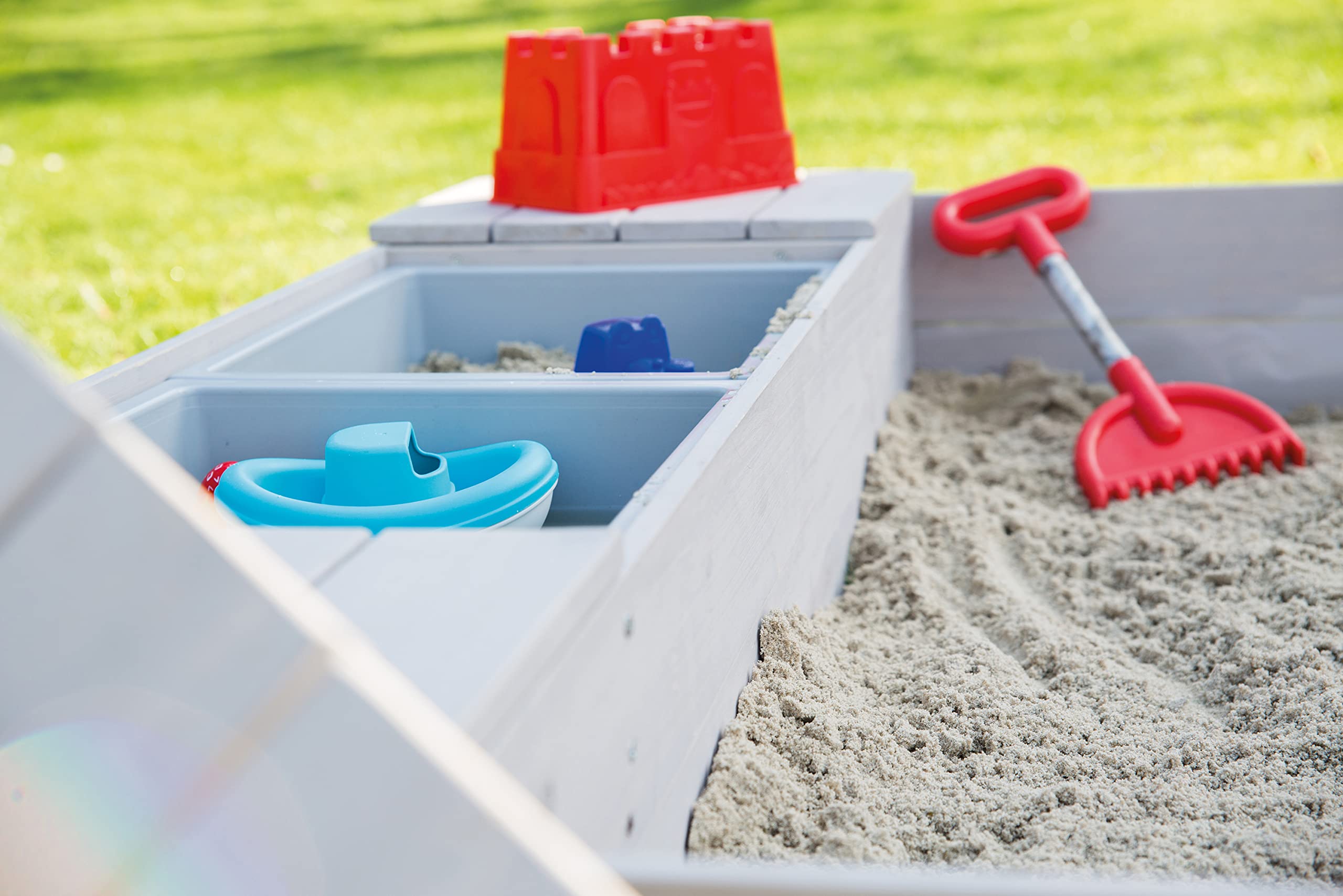 roba Sandkasten Outdoor + Spielwannen - Sandkiste aus wetterfestem Holz - 2 Spielwannen aus Kunststoff & 4 abnehmbare Sitzplatten - Massivholz grau lasiert – Bild 5
