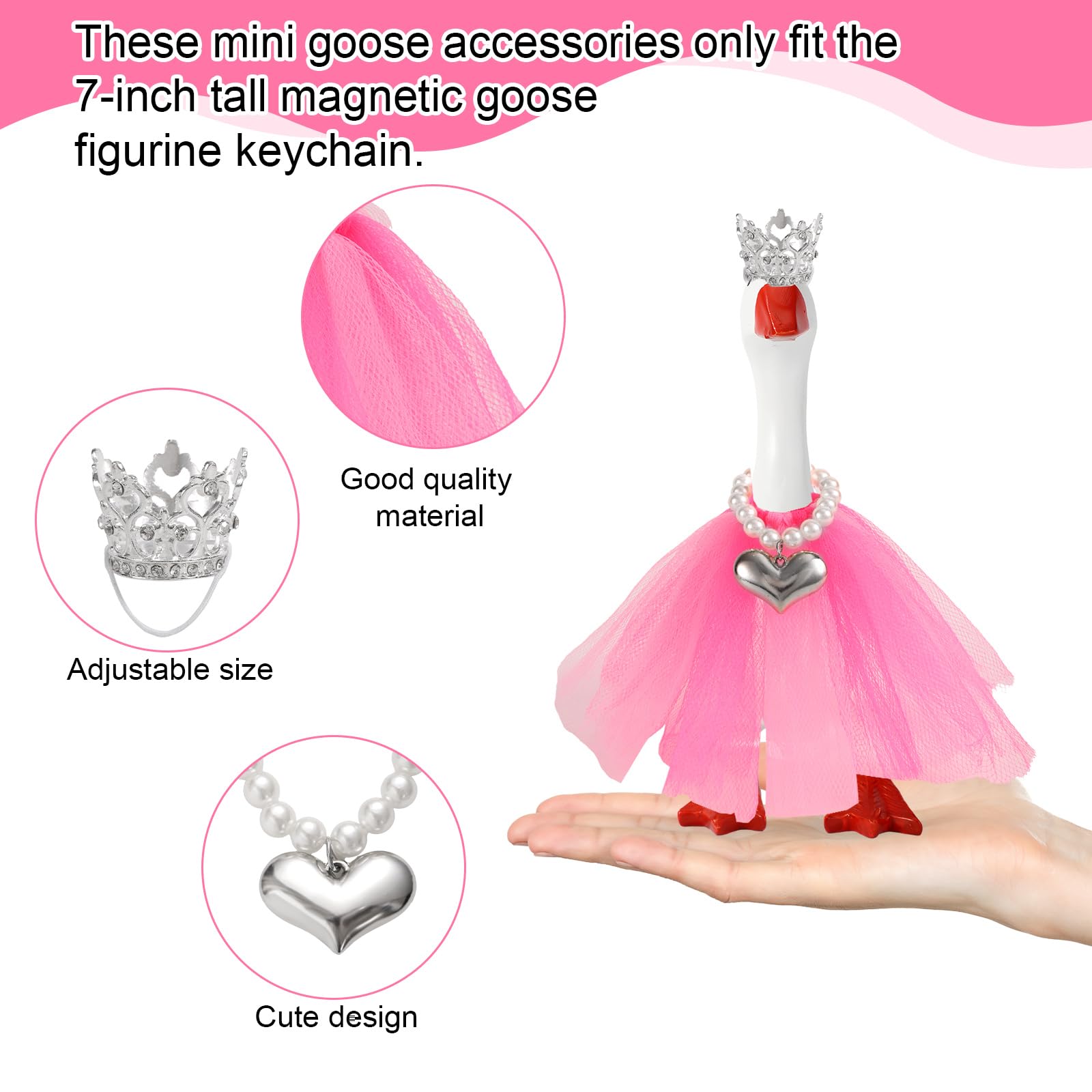 Penitue 3 Pcs Mini Desk Goose Outfit Set, Small Crown Heart Necklace & Tutu Skirt Tiny Pink Princess Costume for 7in/17.8cm Magnetic Miniature Goose Statue Keychain Decoration - Image 4