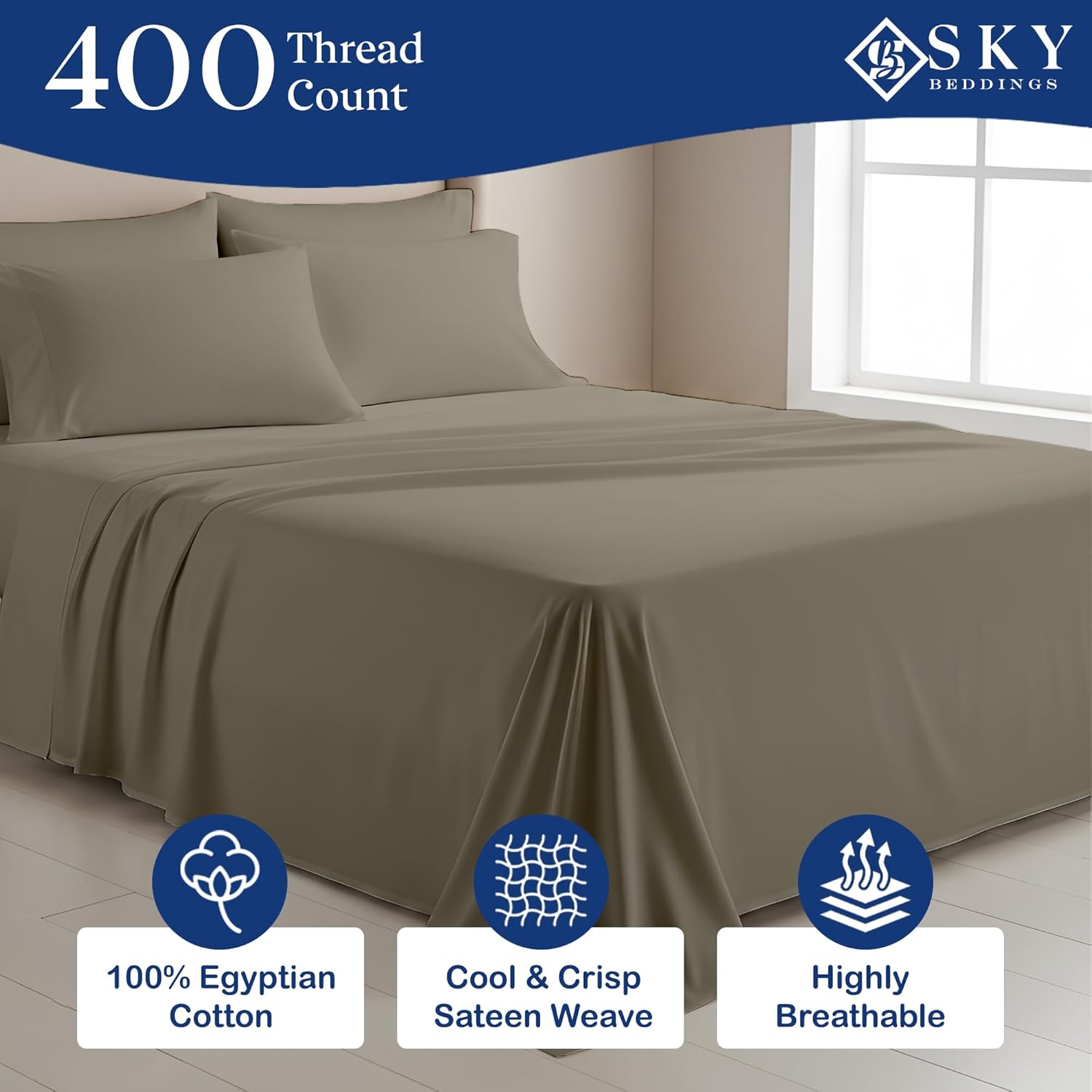 SKY BEDDINGS 100% Cotton Sheets 4 Piece - 400 Thread Count Sateen Weave, Olympic Queen Sheets Set 66" X 80" with 15" Deep Pockets, Cooling, Breathable Cotton RV Camper Sheets Set - Taupe