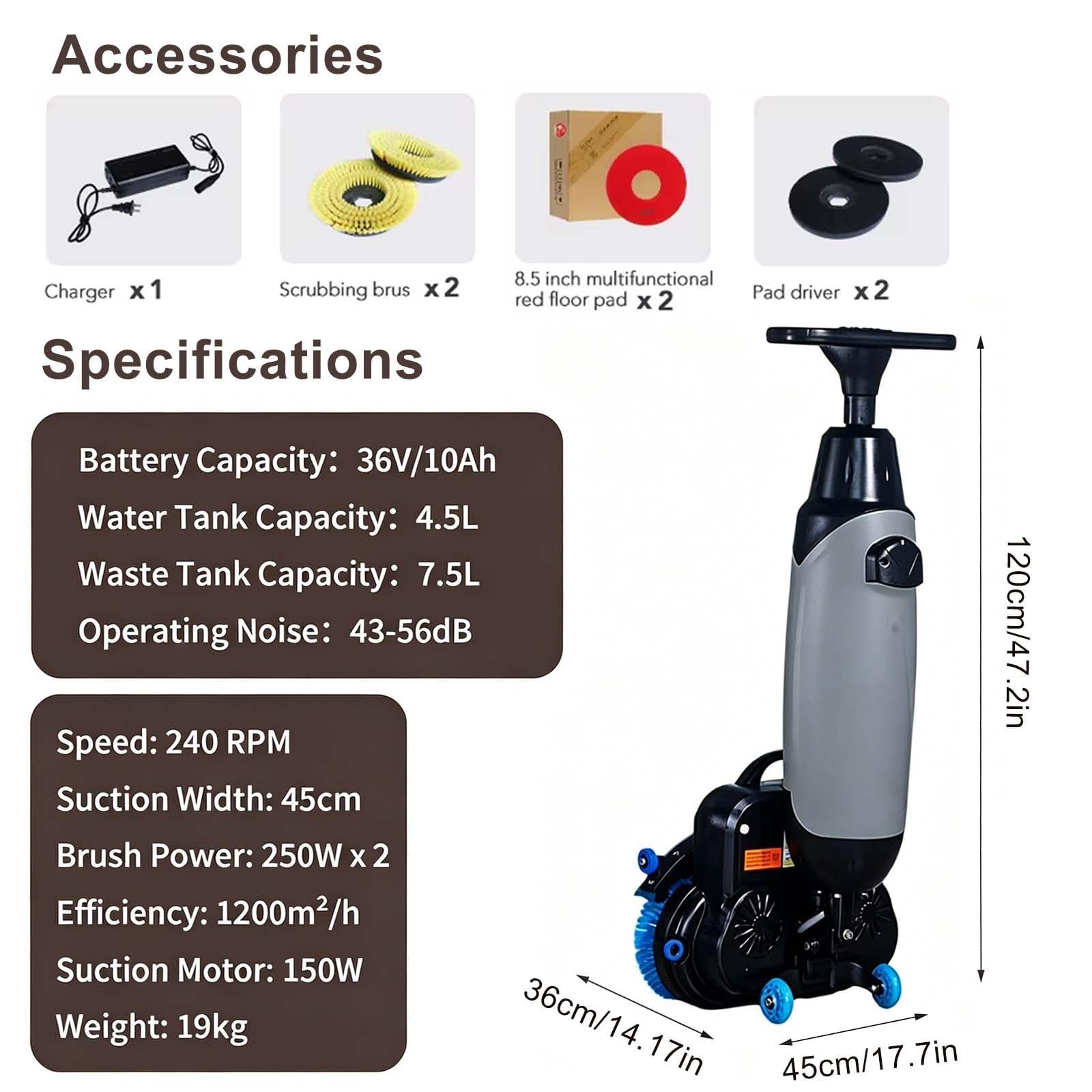 Lavapavimenti Professionale Leggera da 20 kg (44 Libbre), Asciugatura Istantanea, Doppia Spazzola, 360 Giri/Min, Macchina A Spinta Senza Fili da 120 Minuti per Hotel E Supermercati Red