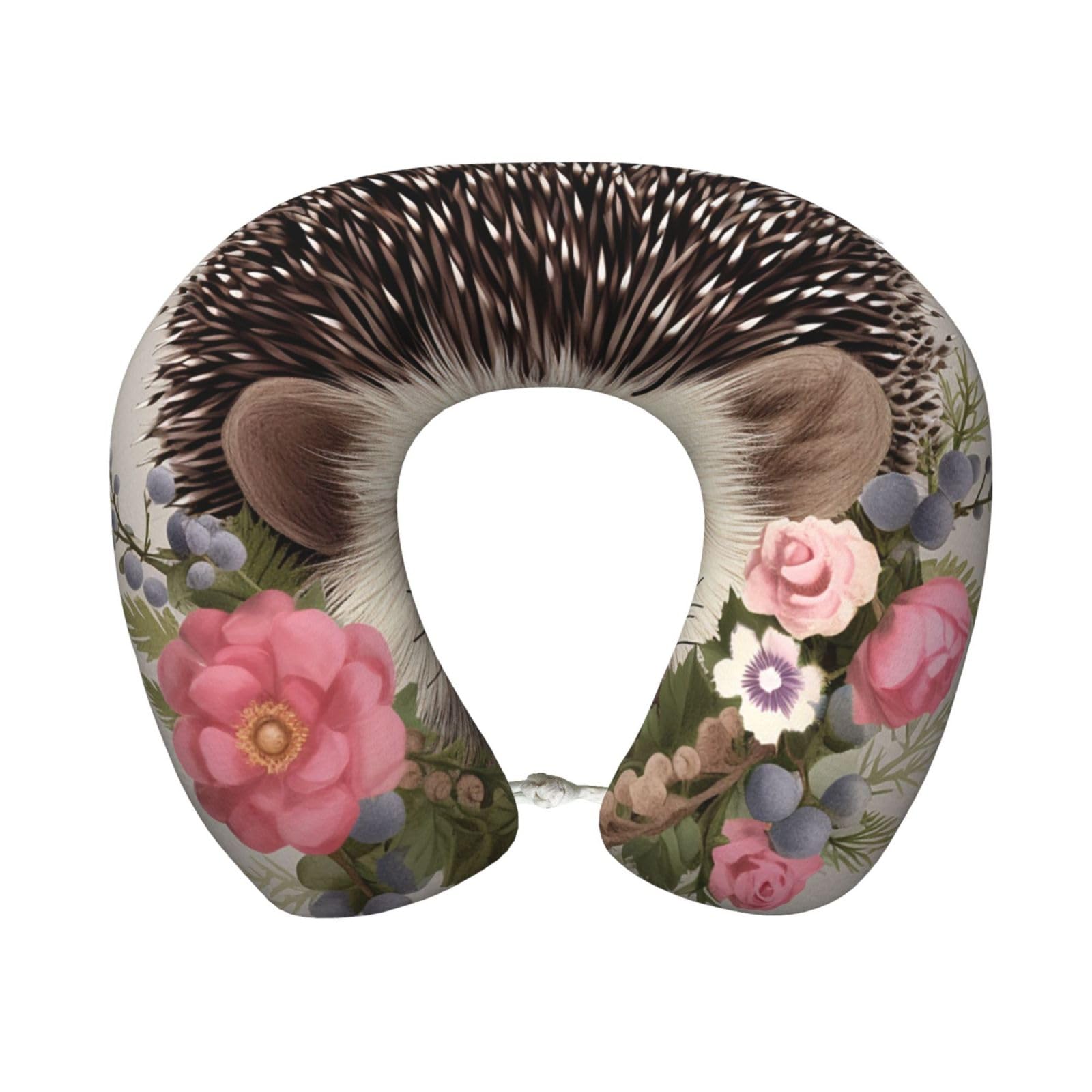 peiyeety Hedgehog in Floral Wreath Travel Pillow Memory Foam - Comfortable U Shape Neck Pillows for Sleeping, Neck and Head Support Portable Airplane Pillow Adjustable Flight Pillow, Washable Cover