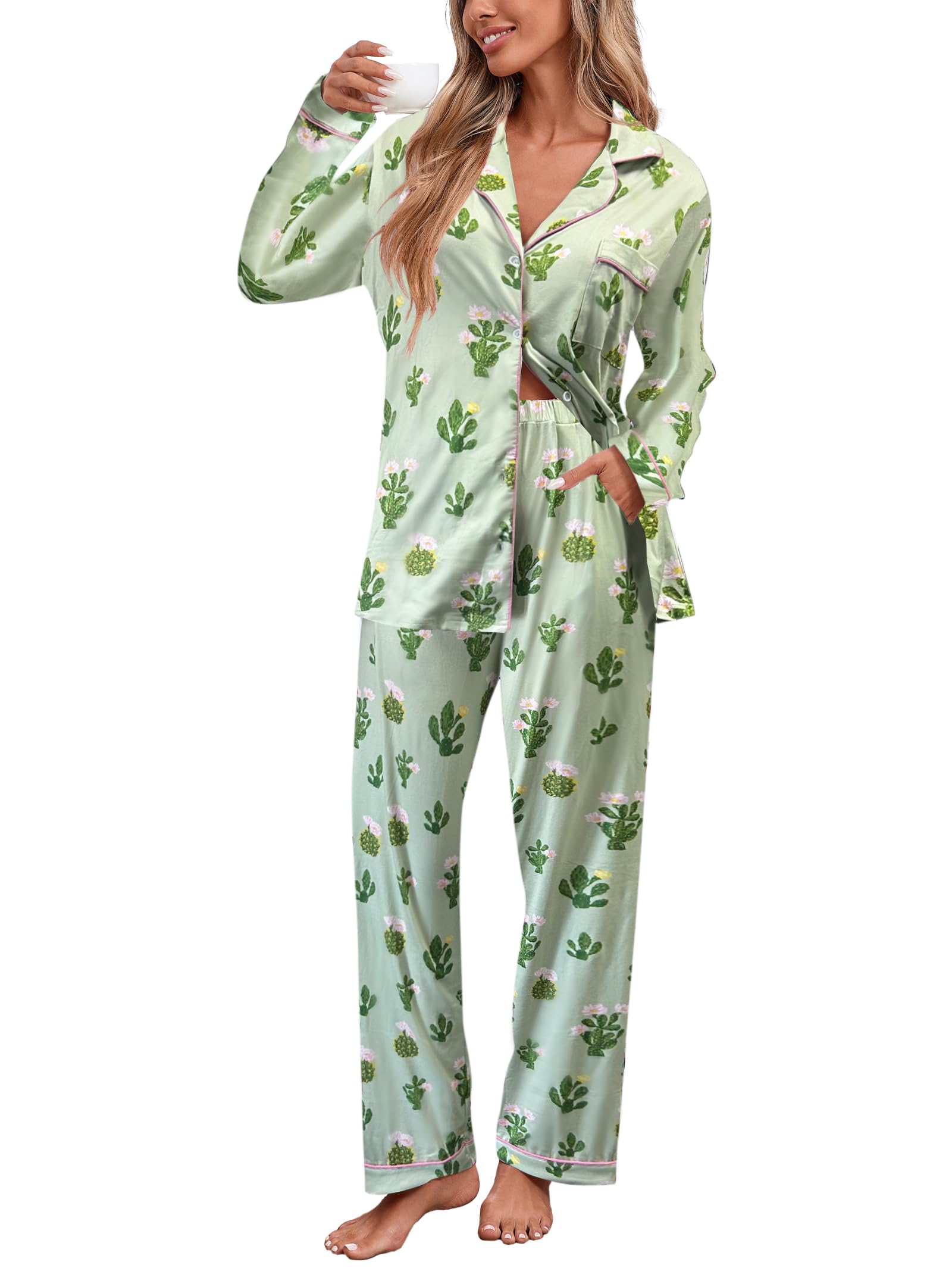 Famulily Damen weiche Bequeme Pyjama Sets 2 Stück Frauen Shirt Top Lange Hose mit Taschen gedruckt Knopf unten Schlafbekleidung Loungewear