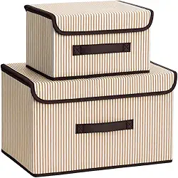 Kit 2 Caixas Organizadoras para Guarda-Roupa e Armário com Tampa | Multiuso, Dobrável, Empilhável e Antipoeira (Bege Listrado)