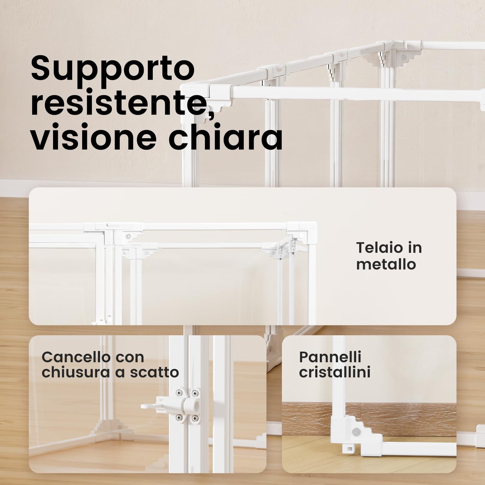 Gardner Pet Recinto per Cani Trasparente, 10 Pannelli, 60 cm, Bianco | Recinto da interno in metallo con pannelli PET, chiusura a scatto e ventose, 9 pannelli + 1 porta, per piccoli animali