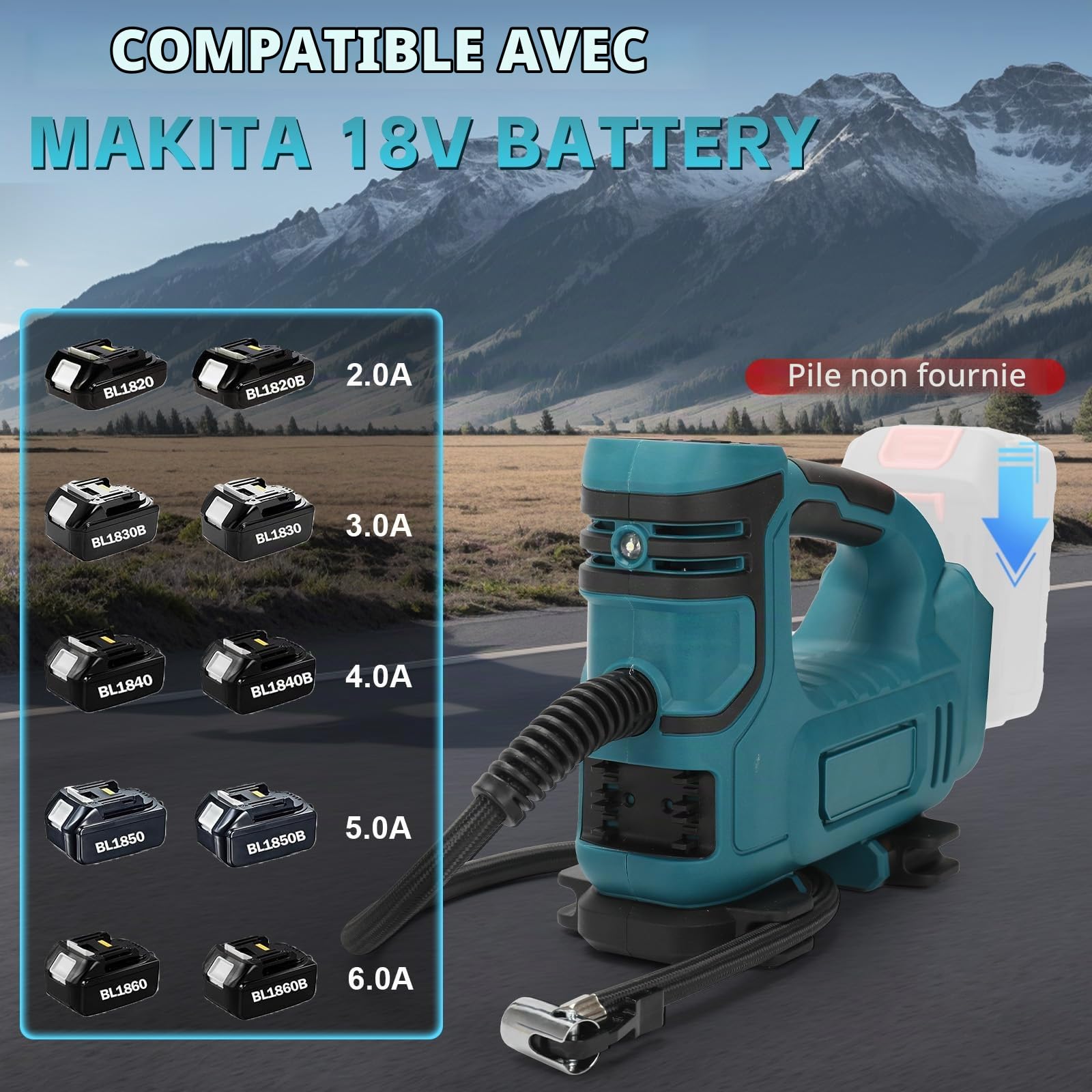 Compresseur à Air Portatif Compatible avec Makita 18V Batterie, 120 PSI Gonfleur Pneus Voiture avec Arrêt Automatique & LED Puissante, pour Voitures,Vélos et Ballons (sans batterie) (MT Bleu)