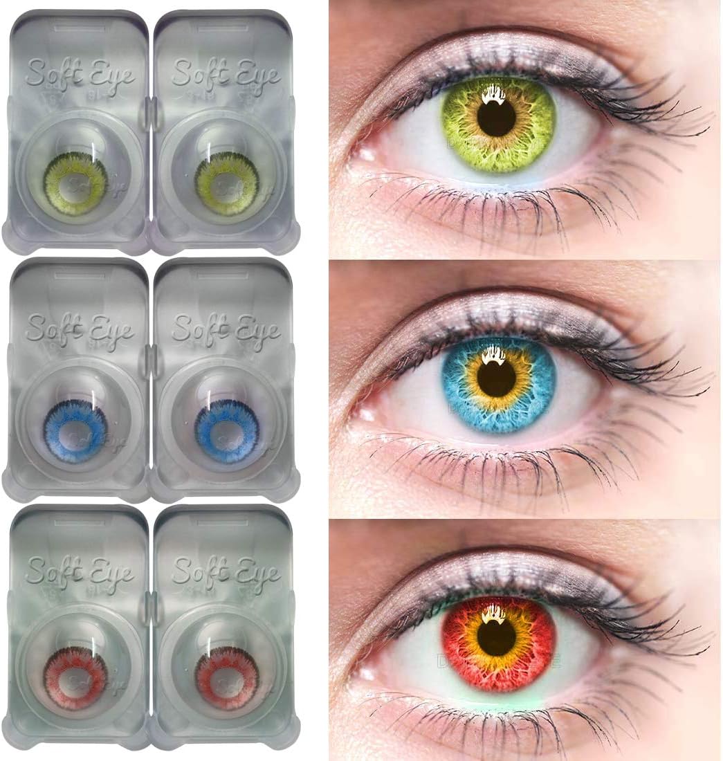 Soft Eye 3 Pair Blue, Green & Red contact lens with 3 case