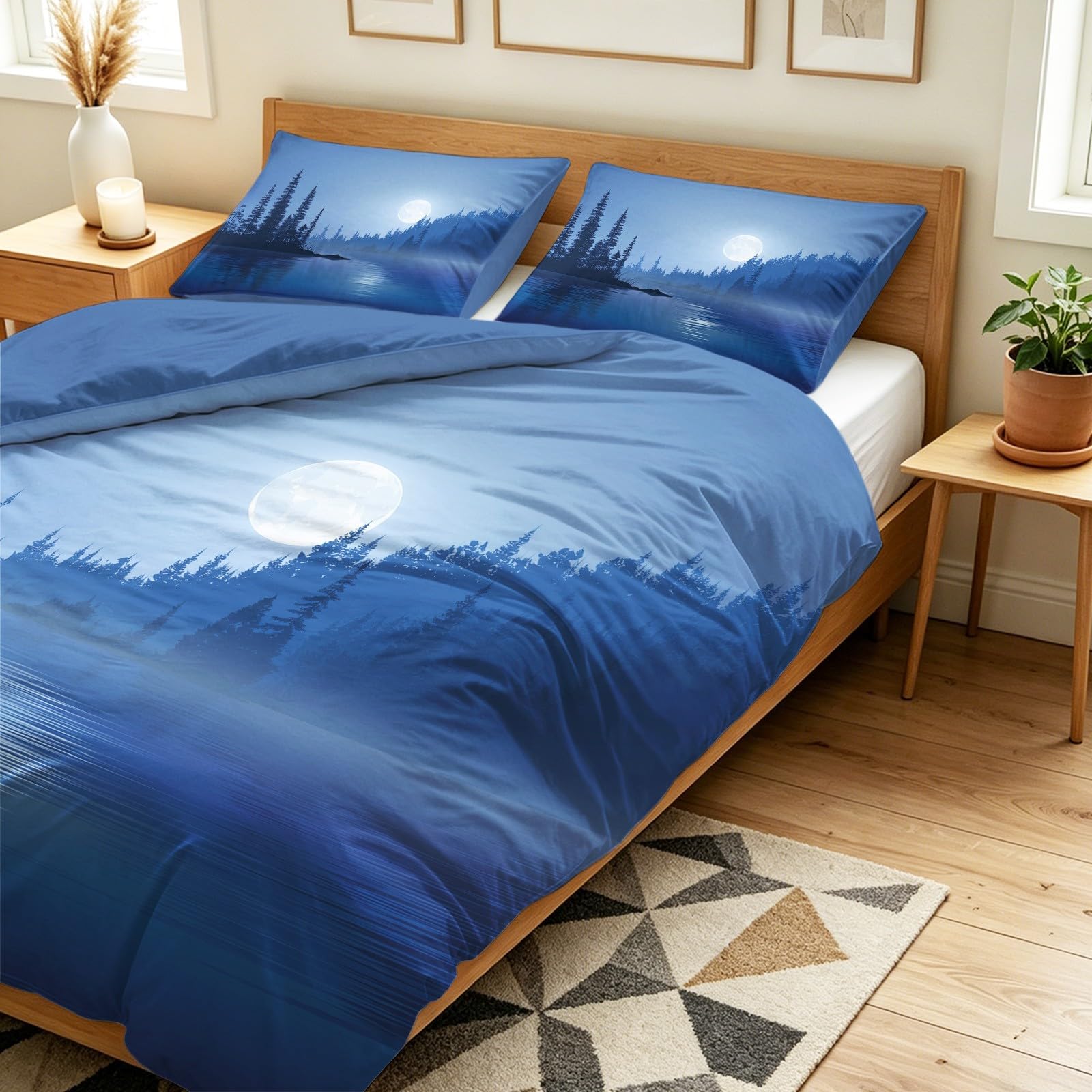 Set di biancheria da letto da 220 x 240 cm, meravigliosamente calmo, mistico, elegante, natura, paesaggio, lago e foresta, reversibile, in microfibra, traspirante, per bambini e adulti, con chiusura